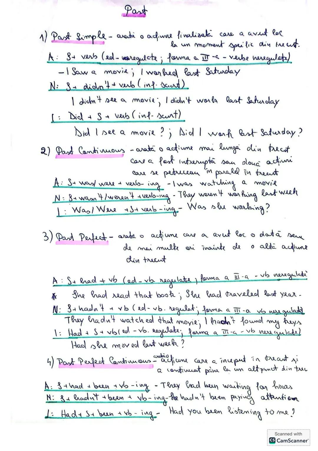 # Past
1) Past Simple - aresti o acfinne finalizati care a avut loc
la un moment speilic din trecut.
A: 8+ verb (ed-regulate; forna a II-a