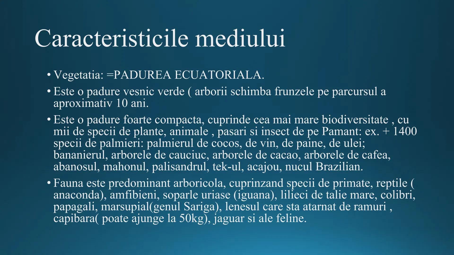 # Tipuri de medii # Mediile zonei calde
# 1. MEDIUL ECUATORIAL
Padurea ecuatoriala # Localizare
* Latitudinal, intre 5-5 grade latitudi