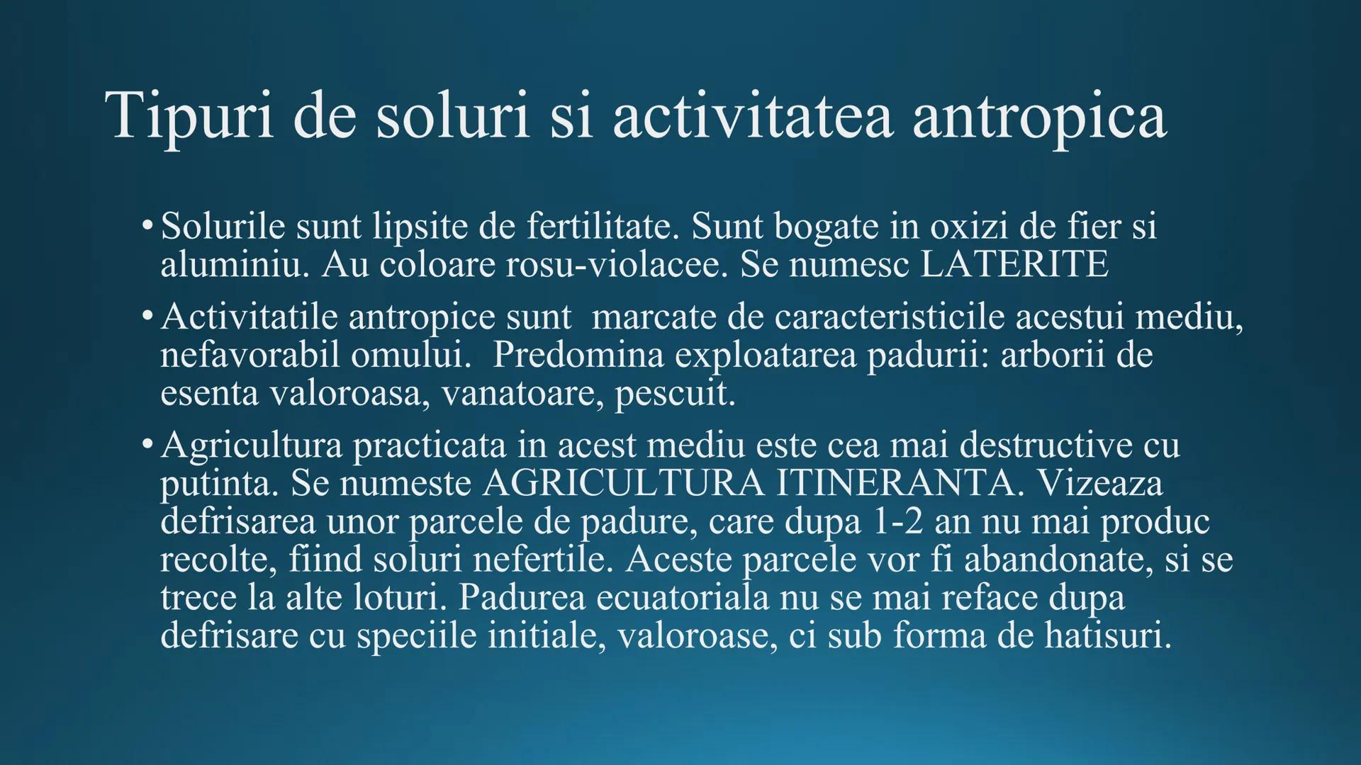 # Tipuri de medii # Mediile zonei calde
# 1. MEDIUL ECUATORIAL
Padurea ecuatoriala # Localizare
* Latitudinal, intre 5-5 grade latitudi