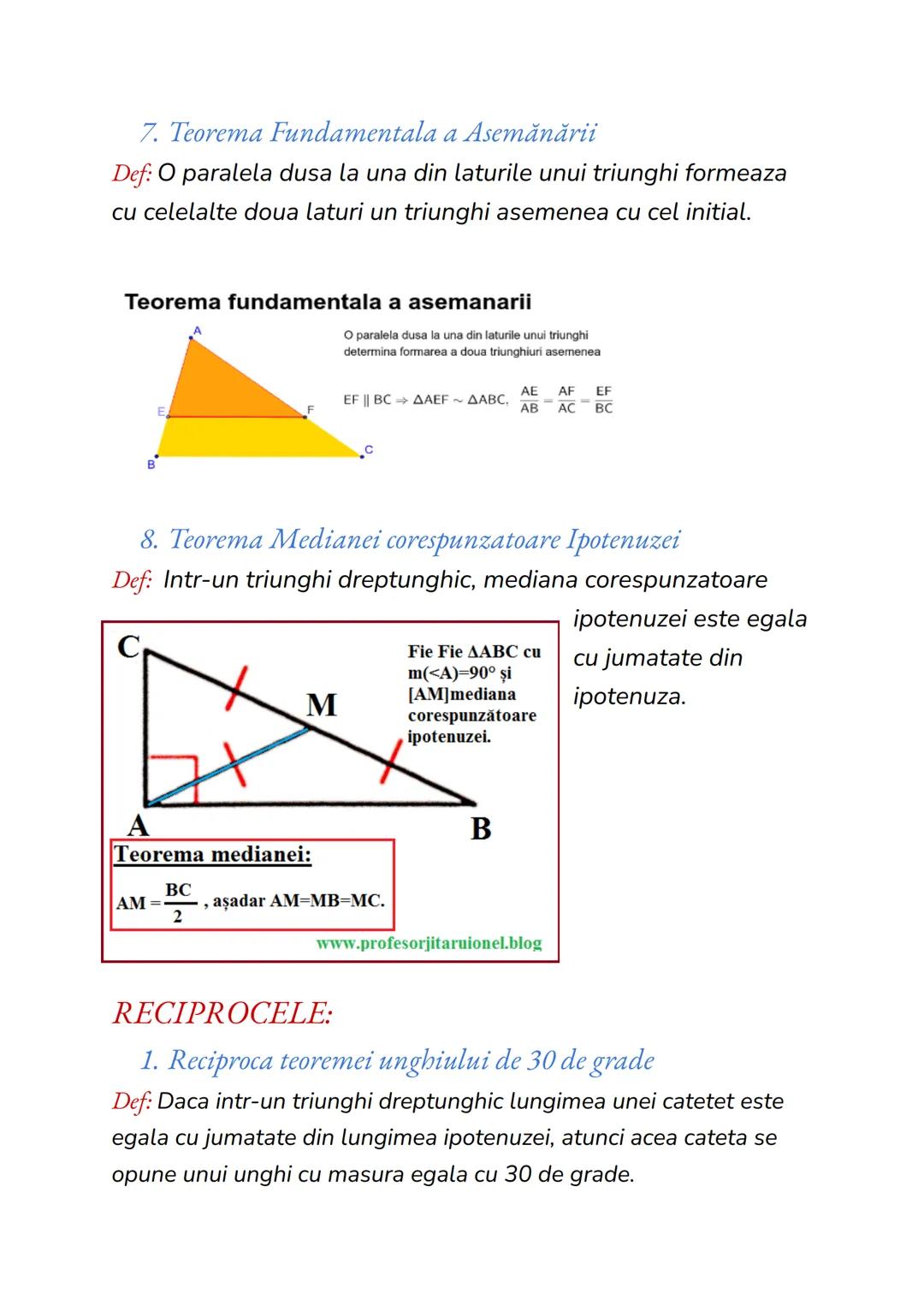 Teoreme ale geometriei plane
1. Teorema unghiului de 30 de grade
Def: Intr-un triunghi dreptunghic, cateta opusa unghiului de 30
de grade e