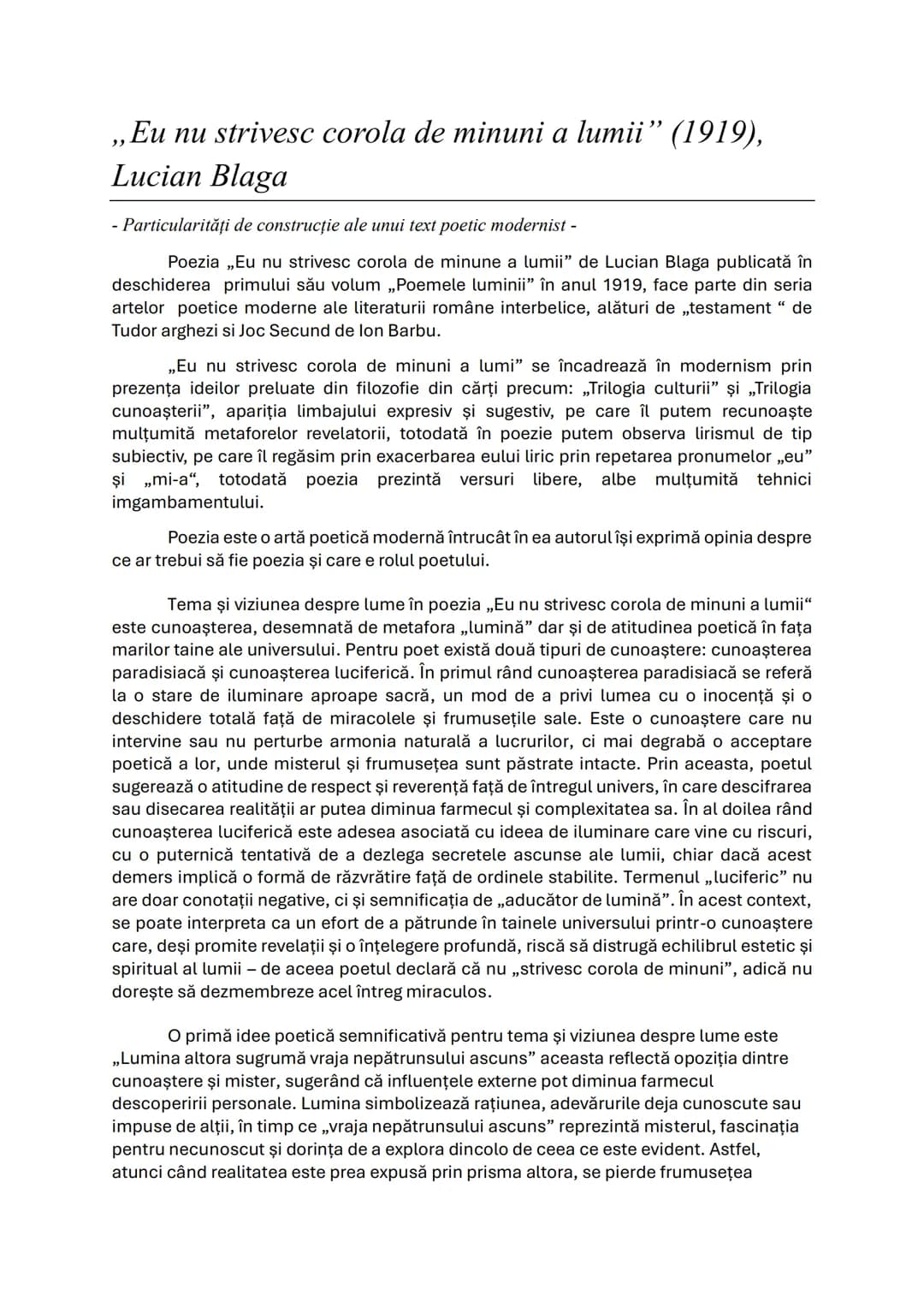 # „Eu nu strivesc corola de minuni a lumii" (1919),
Lucian Blaga
- Particularități de construcție ale unui text poetic modernist -
Poezia