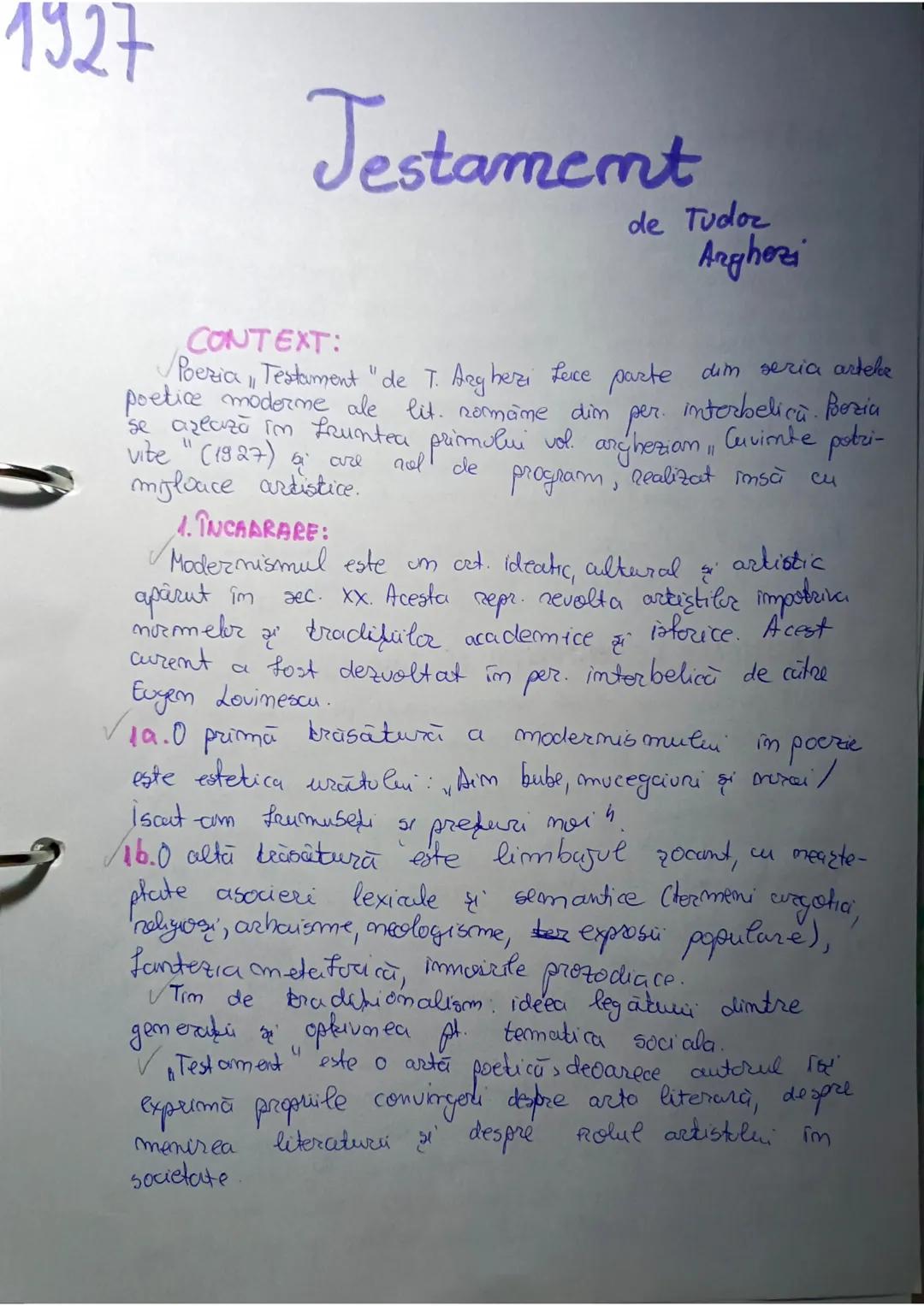 1927
Testamemt
de Tudor
Arghezi
CONTEXT:
Poezia, Testament "de T. Arghezi fece parte dim seria artebe
poetice moderne ale lit. normame dim