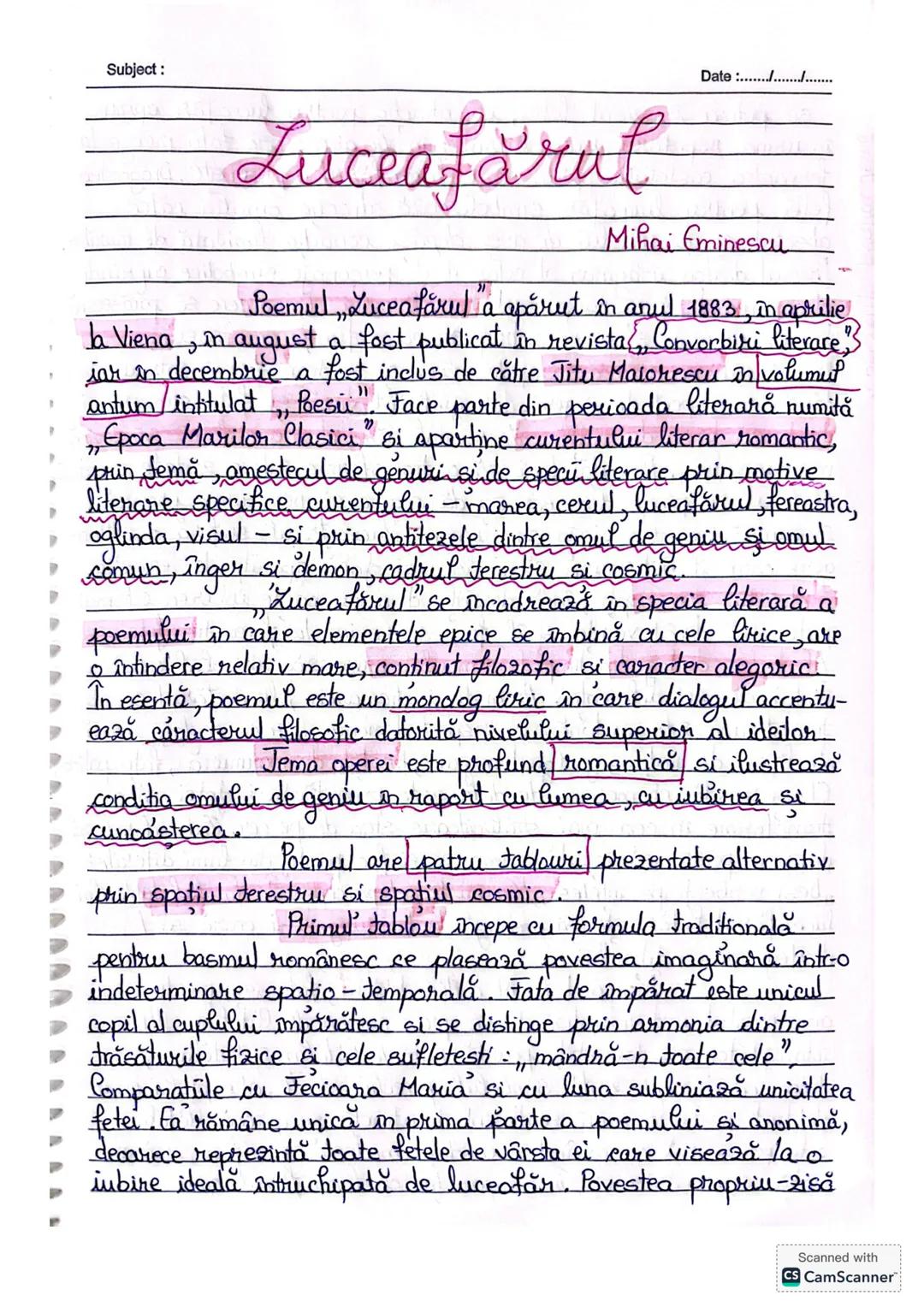 Subject:
Date :......./..............
# Luceafărul
Mihai Eminescu
Poemul, Luceafărul a apărut în anul 1883, în aprilie
la Viena, în augus