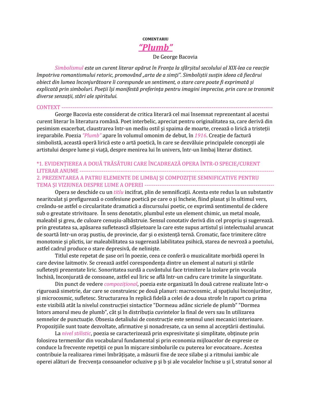COMENTARIU
# "Plumb"
De George Bacovia
*Simbolismul* este un curent literar apărut în Franţa la sfârşitul secolului al XIX-lea ca reacţie
î