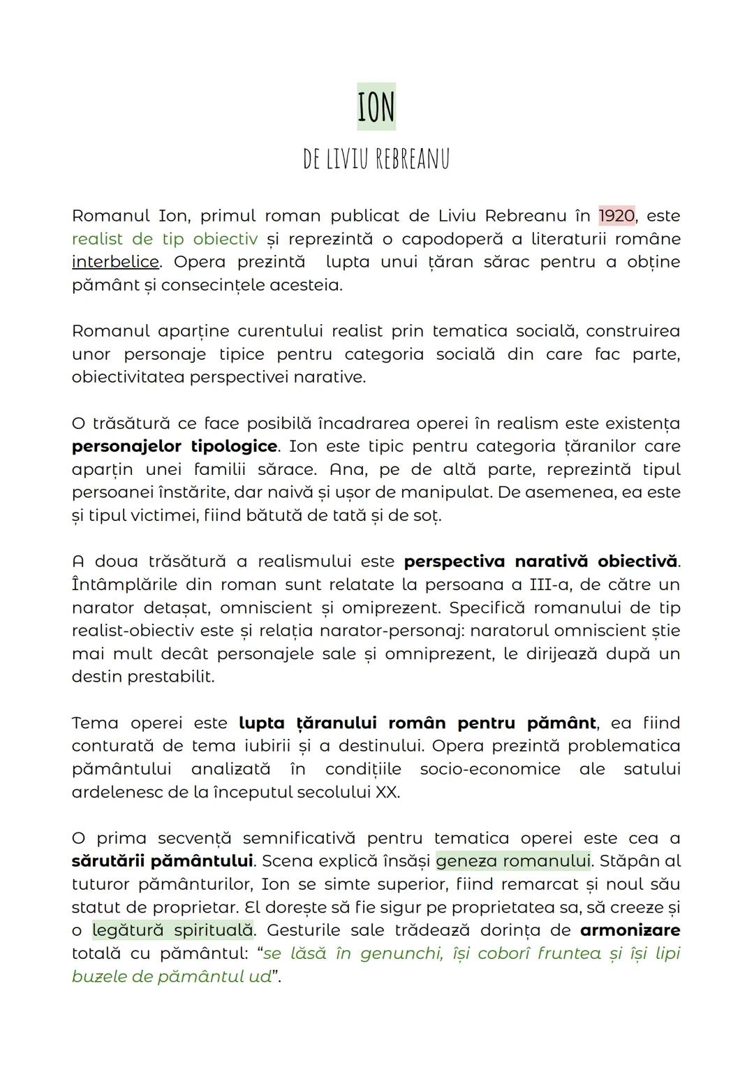 # ION
DE LIVIU REBREANU
Romanul Ion, primul roman publicat de Liviu Rebreanu în 1920, este
realist de tip obiectiv și reprezintă o capodop