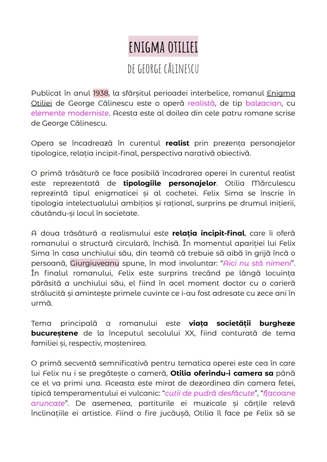 # ENIGMA OTILIEI
DE GEORGE CĂLINESCU
Publicat în anul 1938, la sfârşitul perioadei interbelice, romanul Enigma
Otiliei de George Călinescu