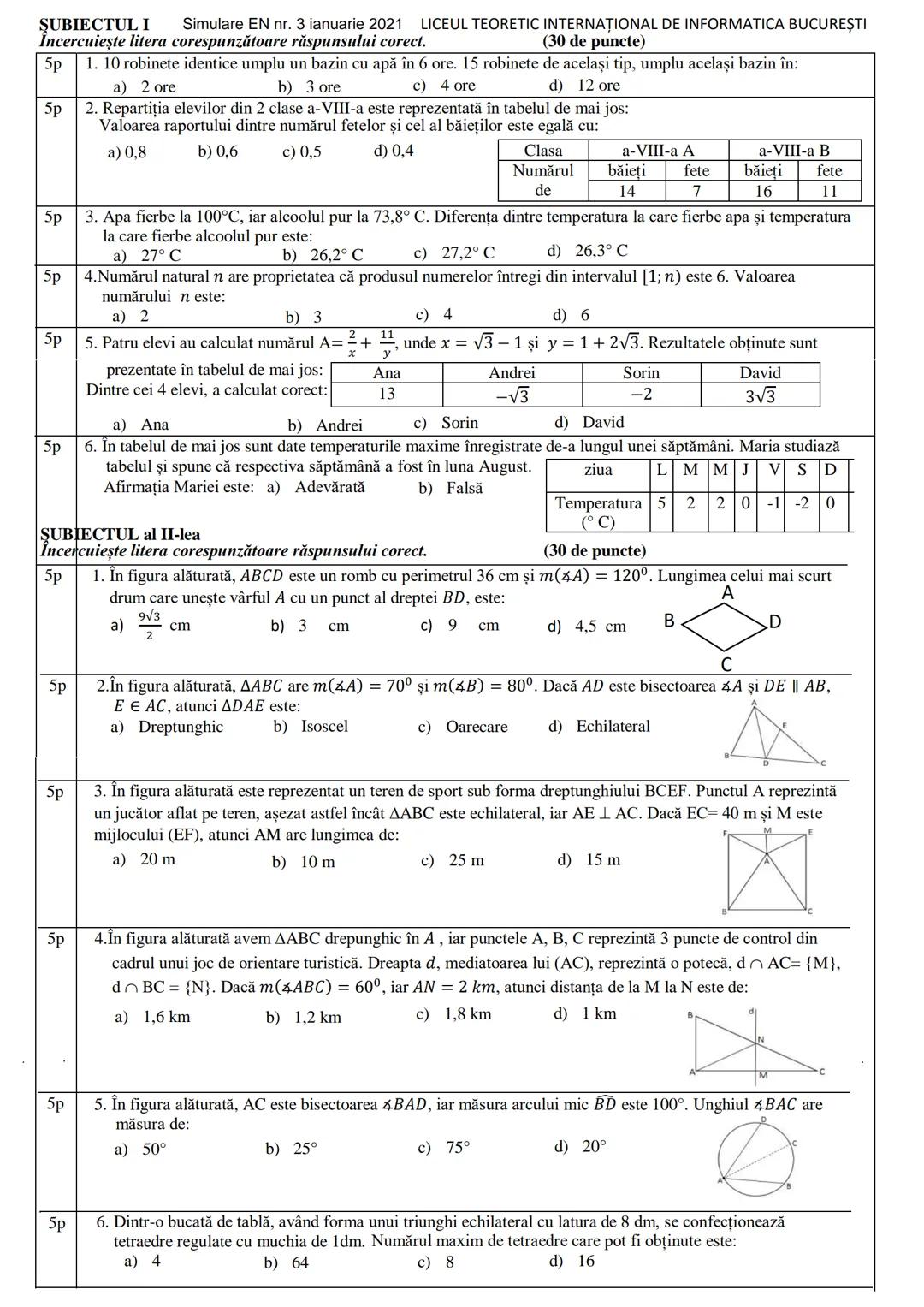# SUBIECTUL I Simulare EN nr. 3 ianuarie 2021 LICEUL TEORETIC INTERNAŢIONAL DE INFORMATICA BUCUREŞTI
Încercuiește litera corespunzătoare răs