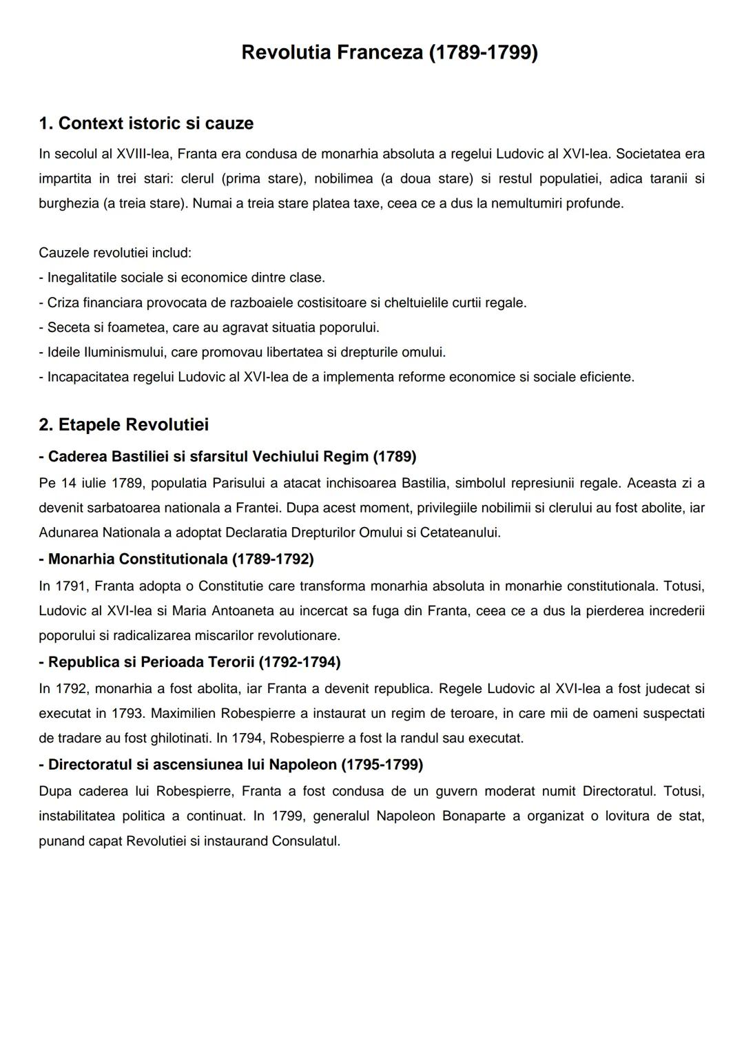 --- OCR Start ---
Revolutia Franceza (1789-1799)
1. Context istoric si cauze
In secolul al XVIII-lea, Franta era condusa de monarhia absolut