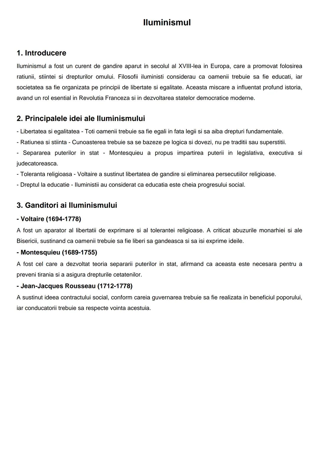 # Iluminismul
1. Introducere
Iluminismul a fost un curent de gandire aparut in secolul al XVIII-lea in Europa, care a promovat folosirea
ra