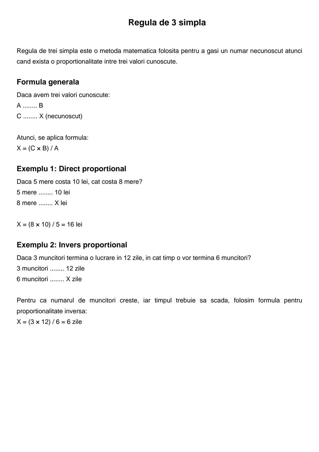 # Regula de 3 simpla
Regula de trei simpla este o metoda matematica folosita pentru a gasi un numar necunoscut atunci
cand exista o proporti