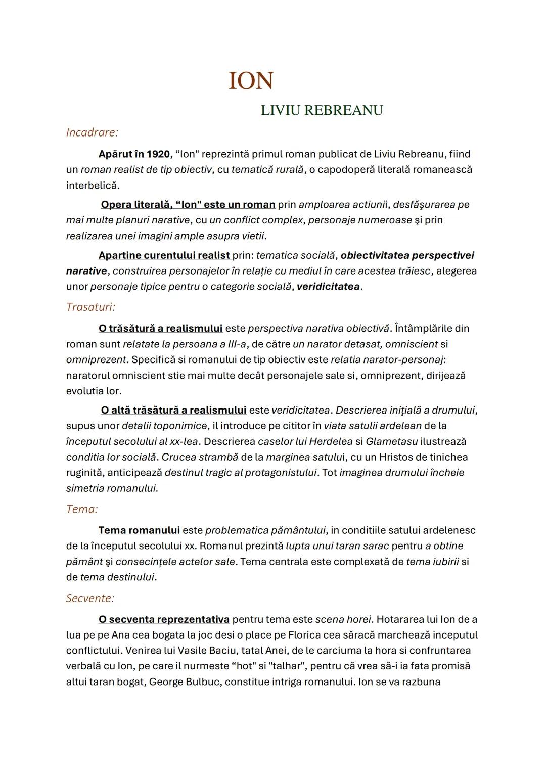 # ION
LIVIU REBREANU
Incadrare:
Apărut în 1920, "lon" reprezintă primul roman publicat de Liviu Rebreanu, fiind
un roman realist de tip o