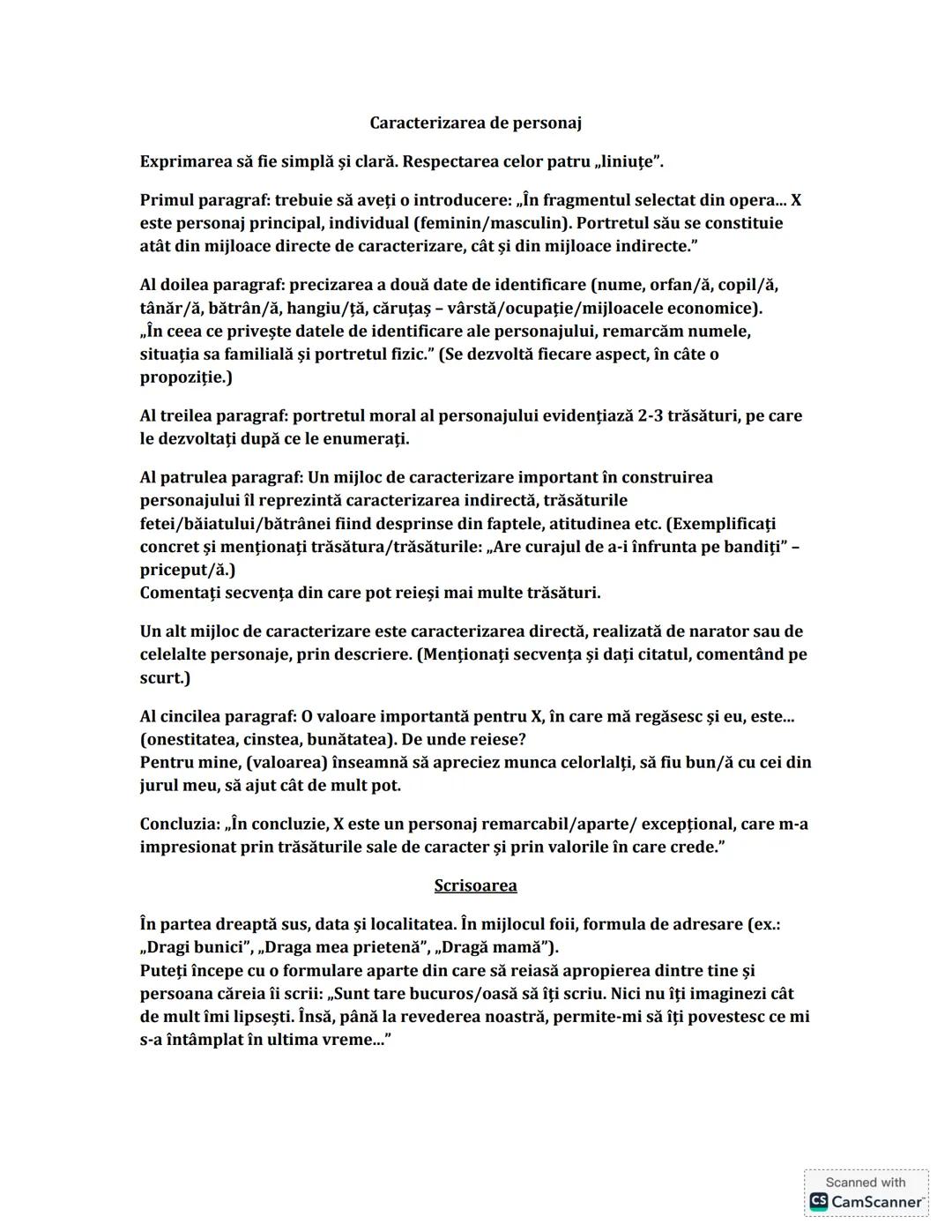 # Caracterizarea de personaj
Exprimarea să fie simplă și clară. Respectarea celor patru „liniuţe".
Primul paragraf: trebuie să aveți o int