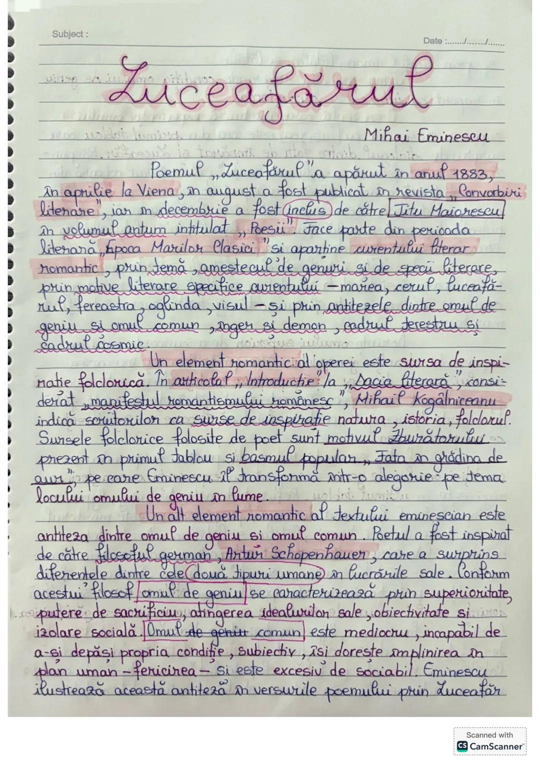 Subject:
Date :.................
# Luceafărul
Mihai Eminescu
Poemul „Luceafărul” a apărut în anul 1883,
în aprilie la Viena, în august a
