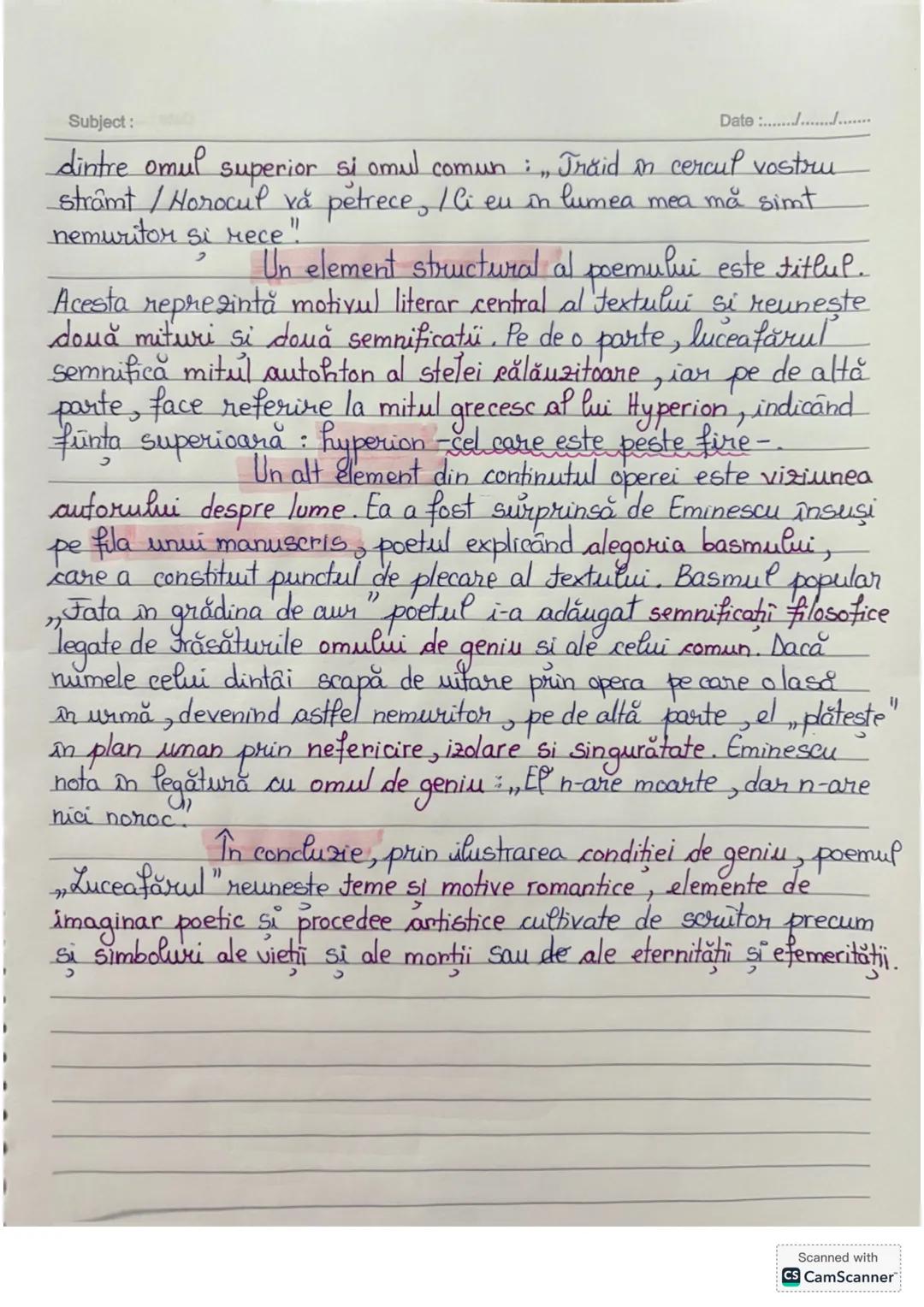 Subject:
Date :.................
# Luceafărul
Mihai Eminescu
Poemul „Luceafărul” a apărut în anul 1883,
în aprilie la Viena, în august a