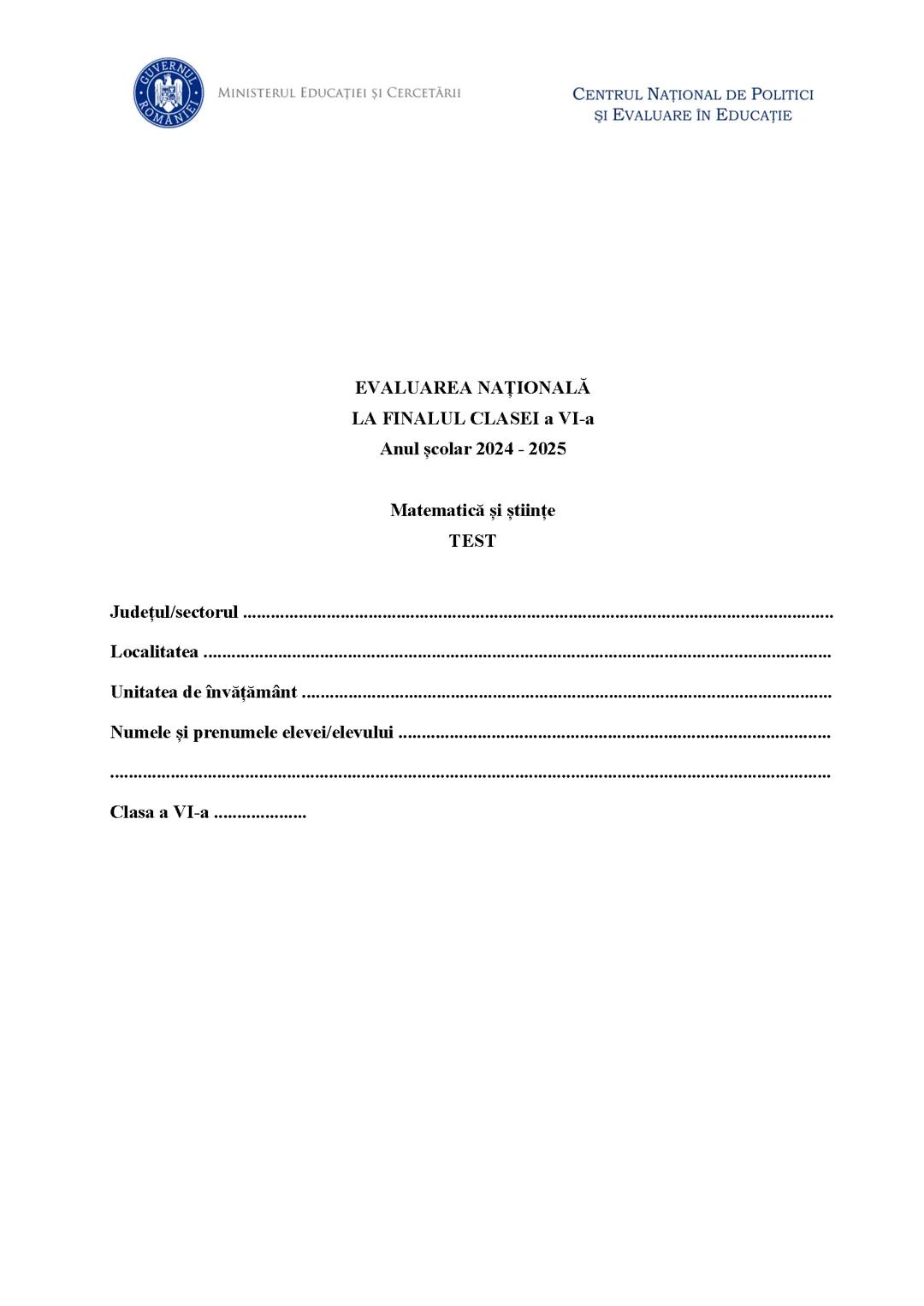 Evaluare Națională clasa a VI-a 2024 Matematică și științe