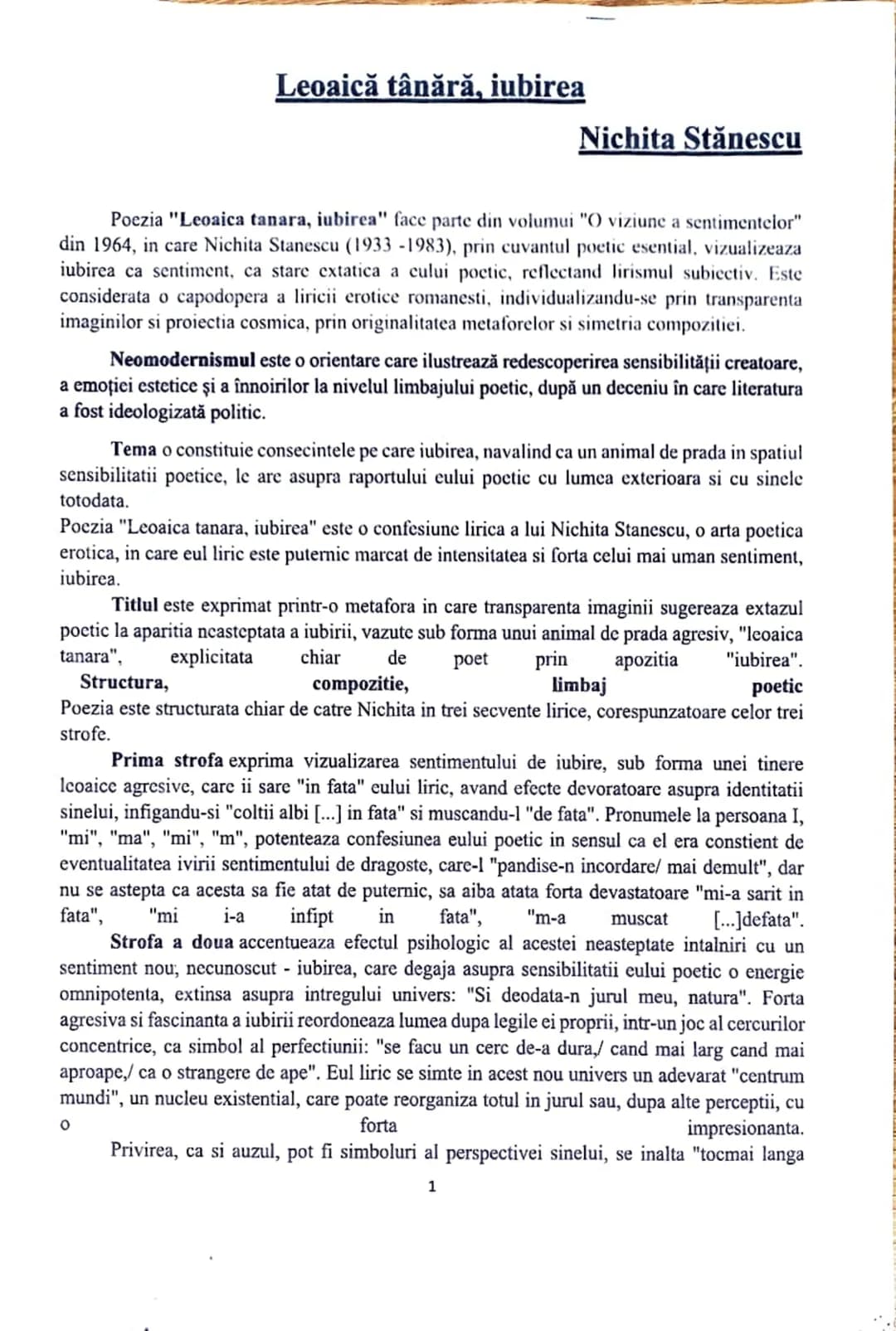 # Leoaică tânără, iubirea
Nichita Stănescu
Poezia "Leoaica tanara, iubirea" face parte din volumui "O viziune a sentimentelor"
din 1964, i