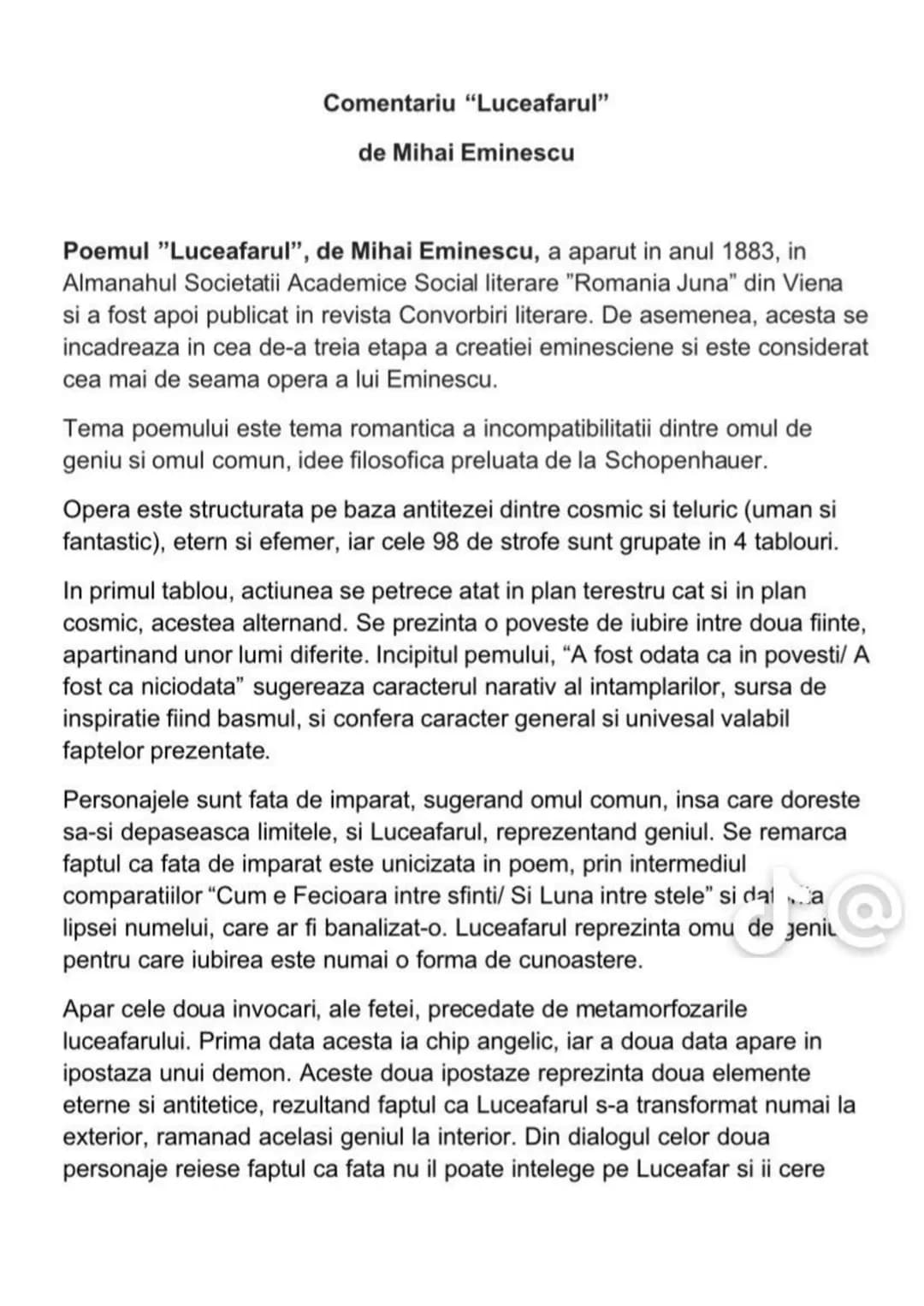 # Comentariu "Luceafarul"
de Mihai Eminescu
Poemul "Luceafarul", de Mihai Eminescu, a aparut in anul 1883, in
Almanahul Societatii Academic