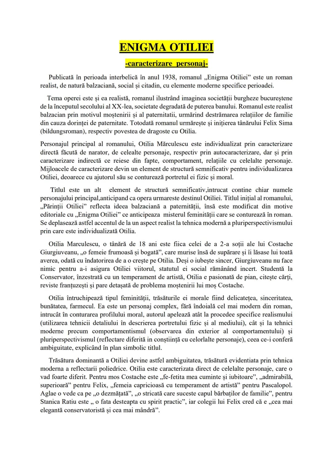 # ENIGMA OTILIEI
-caracterizare personaj-
Publicată în perioada interbelică în anul 1938, romanul „Enigma Otiliei" este un roman
realist,