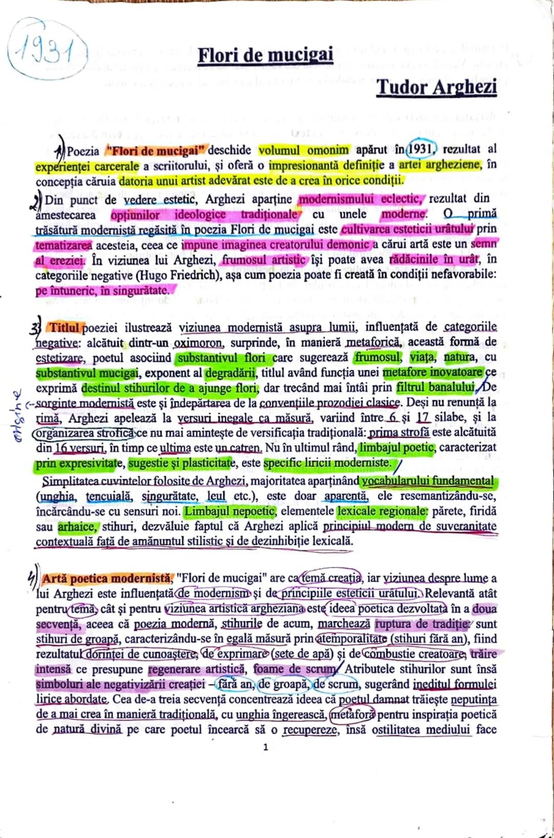 # Flori de mucigai
Tudor Arghezi
1207
Poezia "Flori de mucigai" deschide volumul omonim apărut în 1931, rezultat al
experienței carcerale