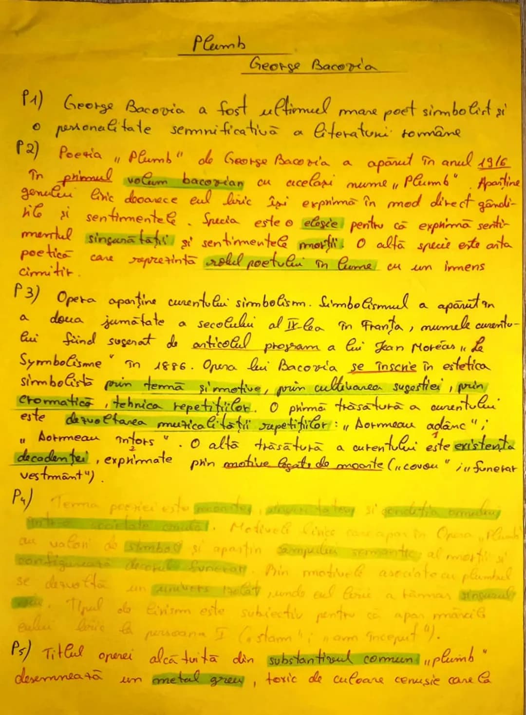 Plumb
George Bacoria
P1) George Bacovia a fost ultiomuel mare poet simbolist si
• personalitate semnificativa a literaturi române
P2) Poes