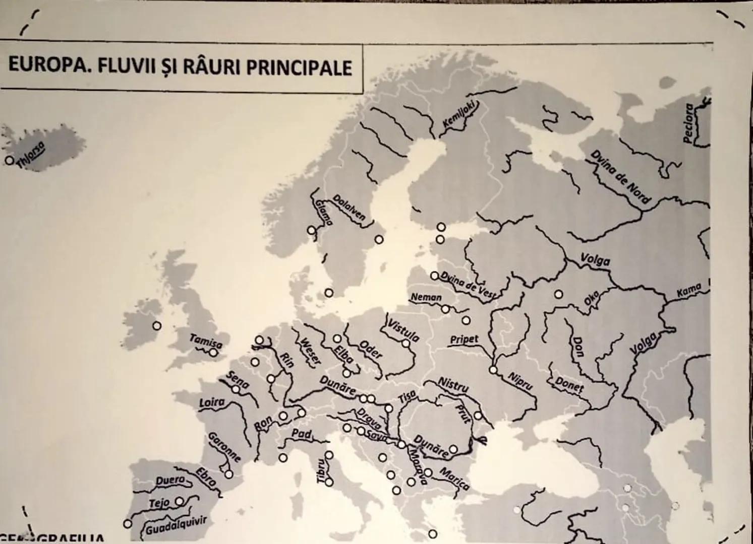 EUROPA. FLUVII ȘI RÂURI PRINCIPALE
Thjorsa
Tamisa
on
。
Sena
Loira
Dalalveno
Glama
Garonne
Ebron
1
CECDACILIA
Duero
Tejo O
Guadal