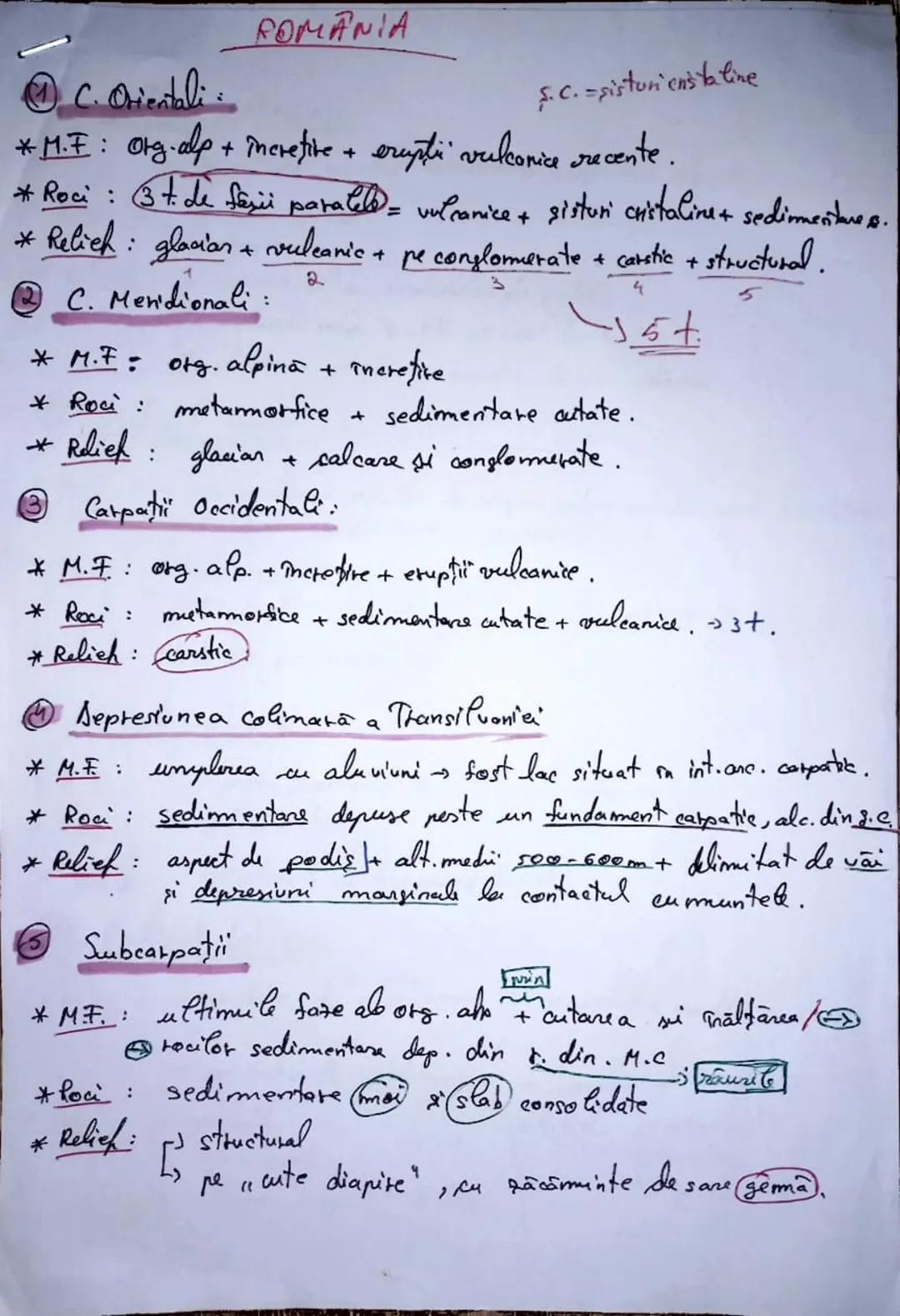 --- OCR Start ---
ROMANIA
C. Orientali
S.C.-sistorienstatine
*M.F: org.alp + încretive + erypti vulcanice recente.
*Roci: 3t. de fazi parale