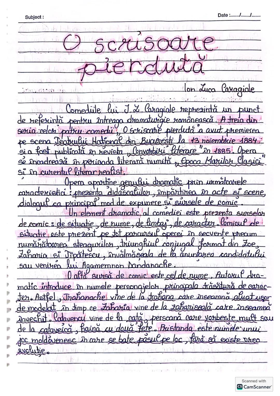 Subject:
Date :......./................
O scrisoare.
pierdută
Ion Luca Caragiale
Comediile lui I. 2. Caragiale reprezintă un punct
de ref