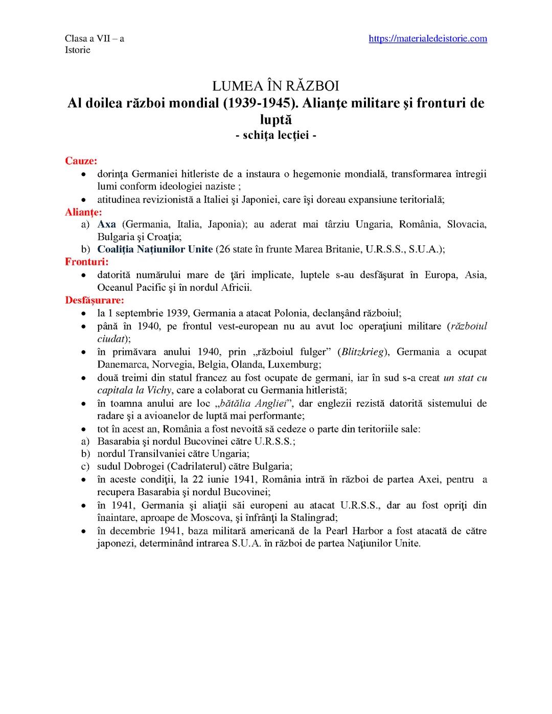 Istorie -clasa a 7 a . ,,al doilea război mondial "- schița lecției