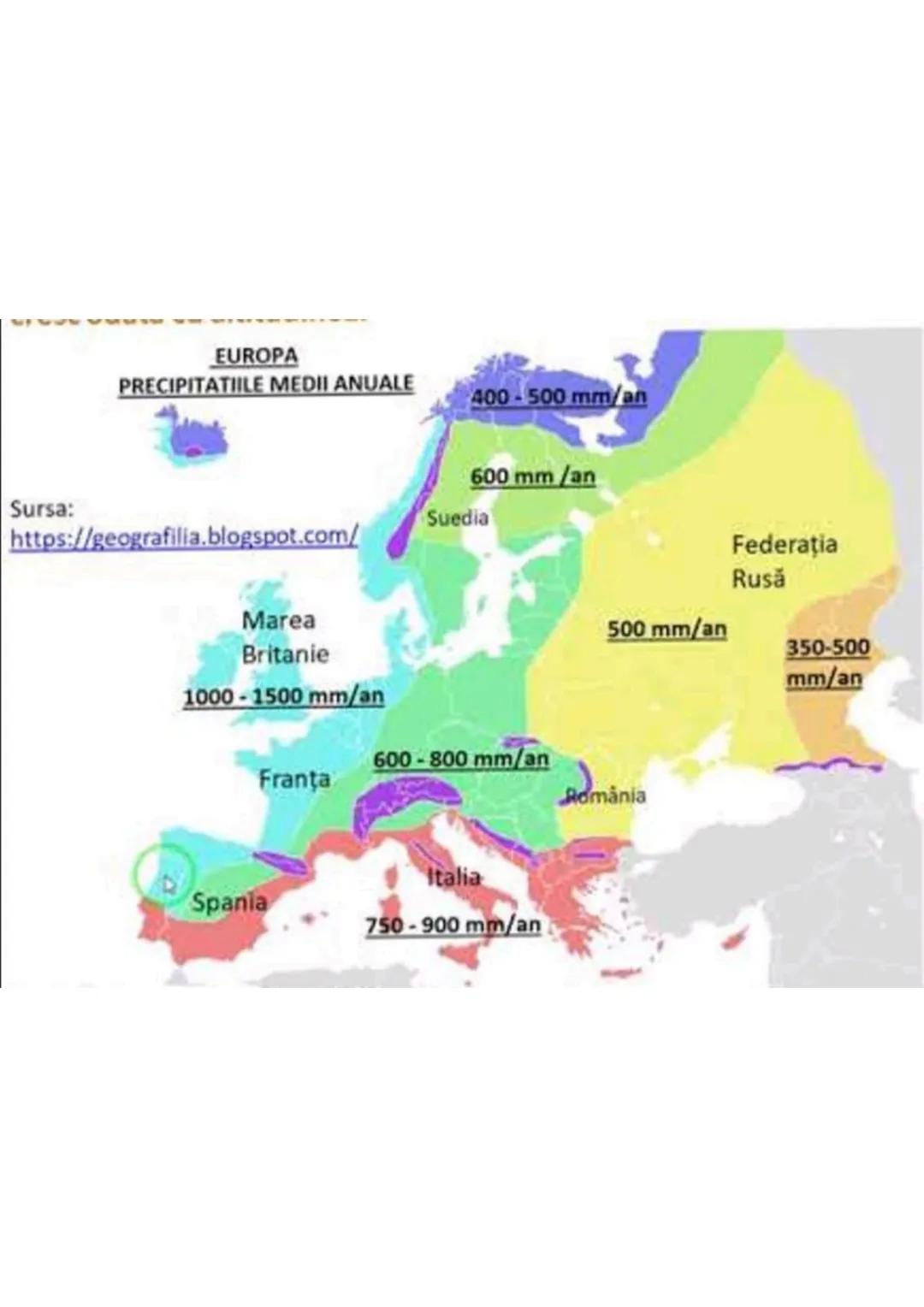 EUROPA
PRECIPITATIILE MEDII ANUALE
Sursa:
https://geografilia.blogspot.com/
Marea
Britanie
1000-1500 mm/an
Franţa
400-500 mm/an
600 mm/an
Su