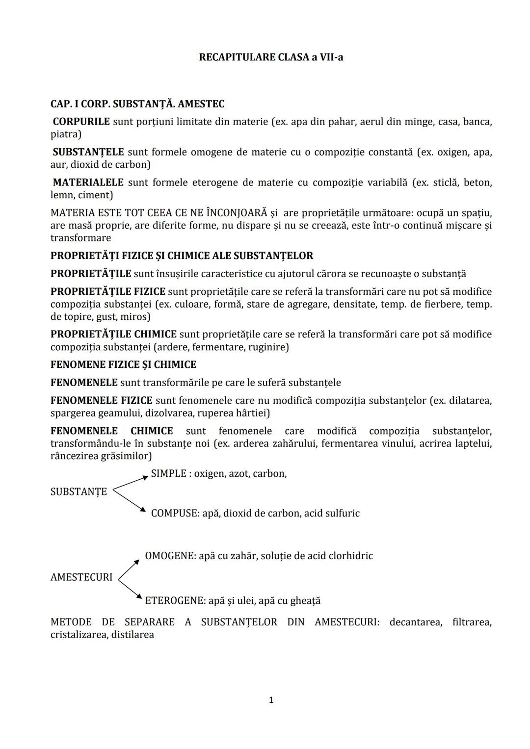 # RECAPITULARE CLASA a VII-a
CAP. I CORP. SUBSTANŢĂ. AMESTEC
CORPURILE sunt porțiuni limitate din materie (ex. apa din pahar, aerul din mi