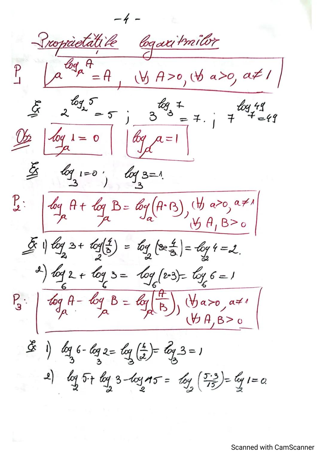 1
Logaritmi: tema recopitulatorie
Proprietati jale logaritmilor
(- suport de curs + fisa de lucru)
Def Fie $A > 0$ si $a > 0, a \neq 1$.
P