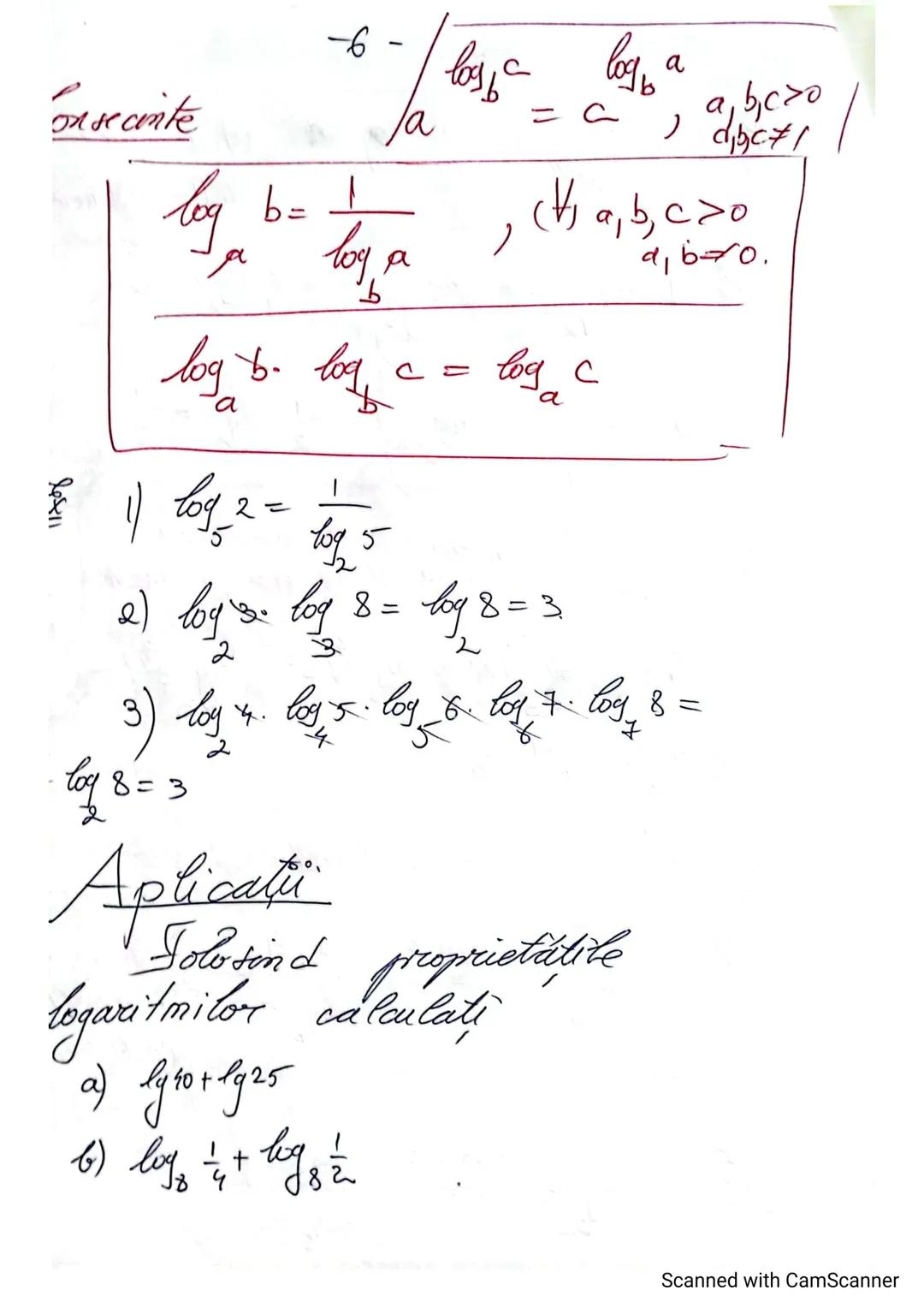 1
Logaritmi: tema recopitulatorie
Proprietati jale logaritmilor
(- suport de curs + fisa de lucru)
Def Fie $A > 0$ si $a > 0, a \neq 1$.
P