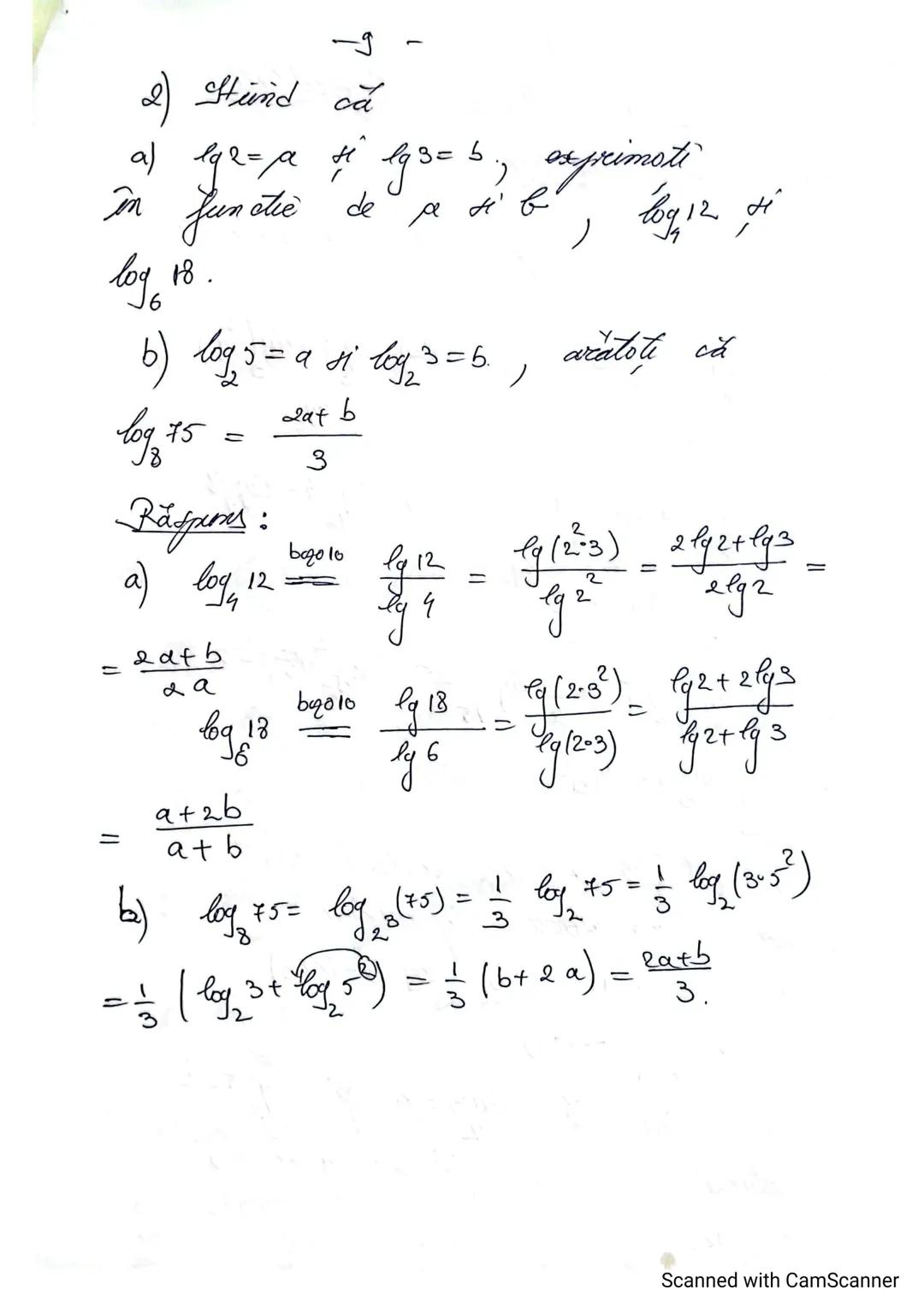 1
Logaritmi: tema recopitulatorie
Proprietati jale logaritmilor
(- suport de curs + fisa de lucru)
Def Fie $A > 0$ si $a > 0, a \neq 1$.
P