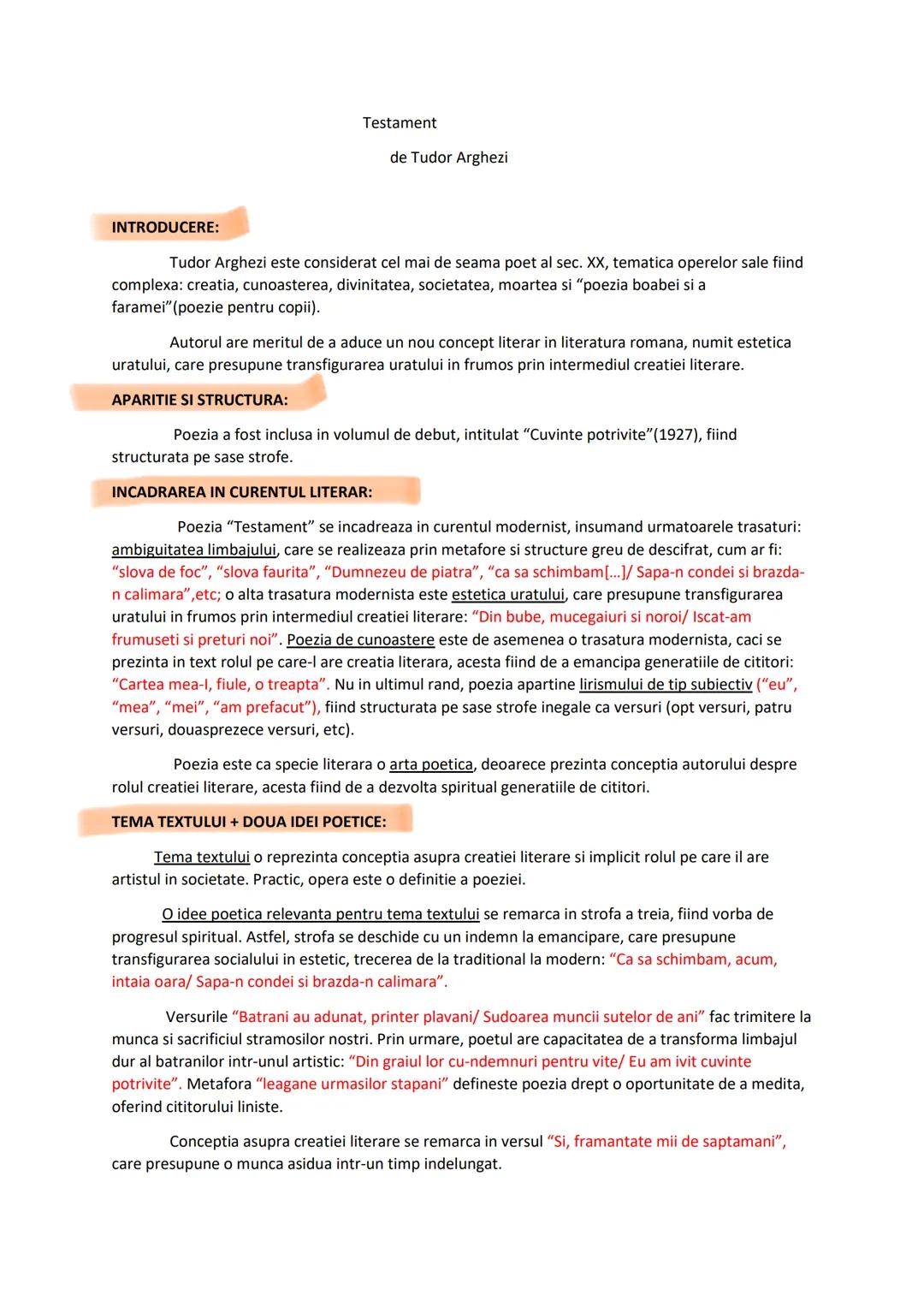Testament
de Tudor Arghezi
INTRODUCERE:
Tudor Arghezi este considerat cel mai de seama poet al sec. XX, tematica operelor sale fiind
comple
