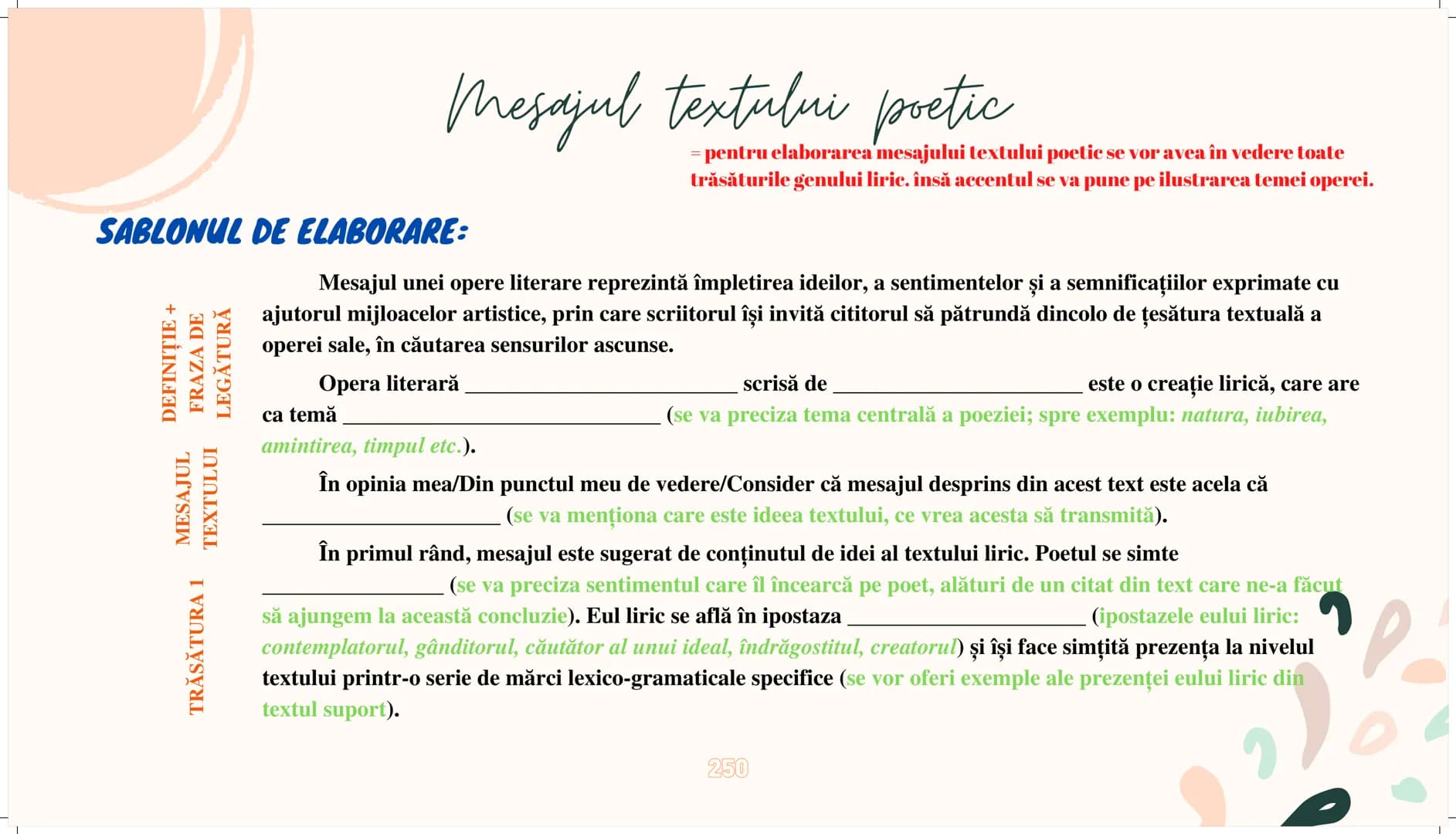 # Mesajul textului poetic
= pentru elaborarea mesajului textului poetic se vor avea în vedere toate
trăsăturile genului liric. însă accentu