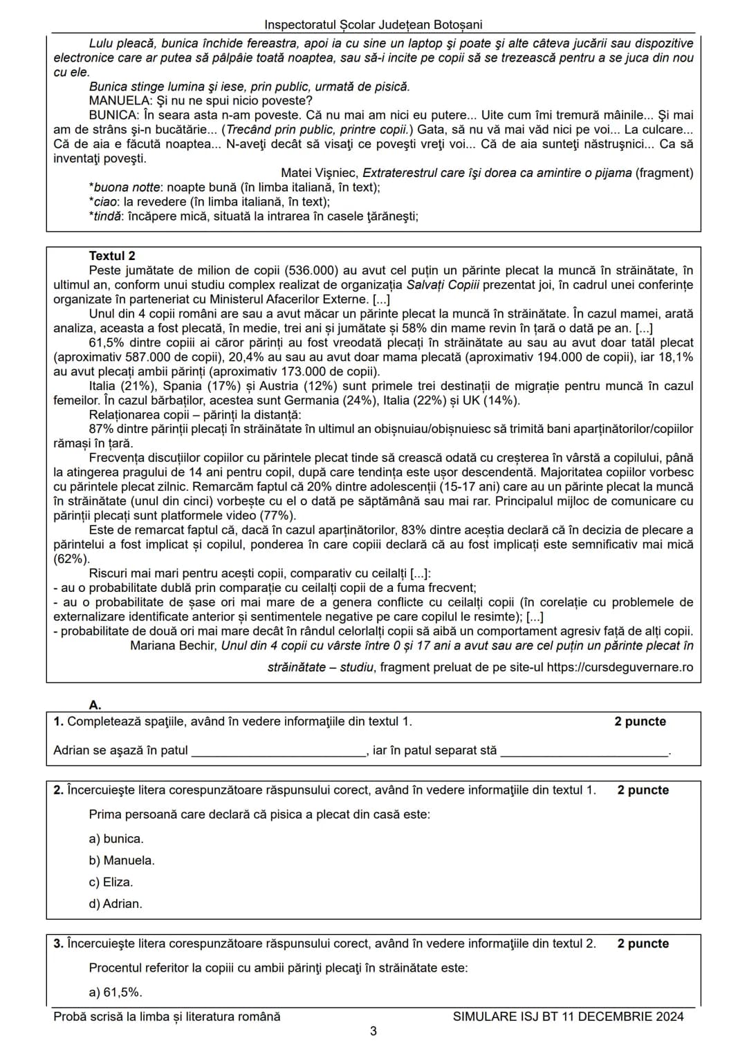 Inspectoratul Şcolar Județean Botoşani
Prezenta lucrare conține __________pagini
SIMULAREA EVALUĂRII NAŢIONALE
PENTRU ABSOLVENŢII CLASEI