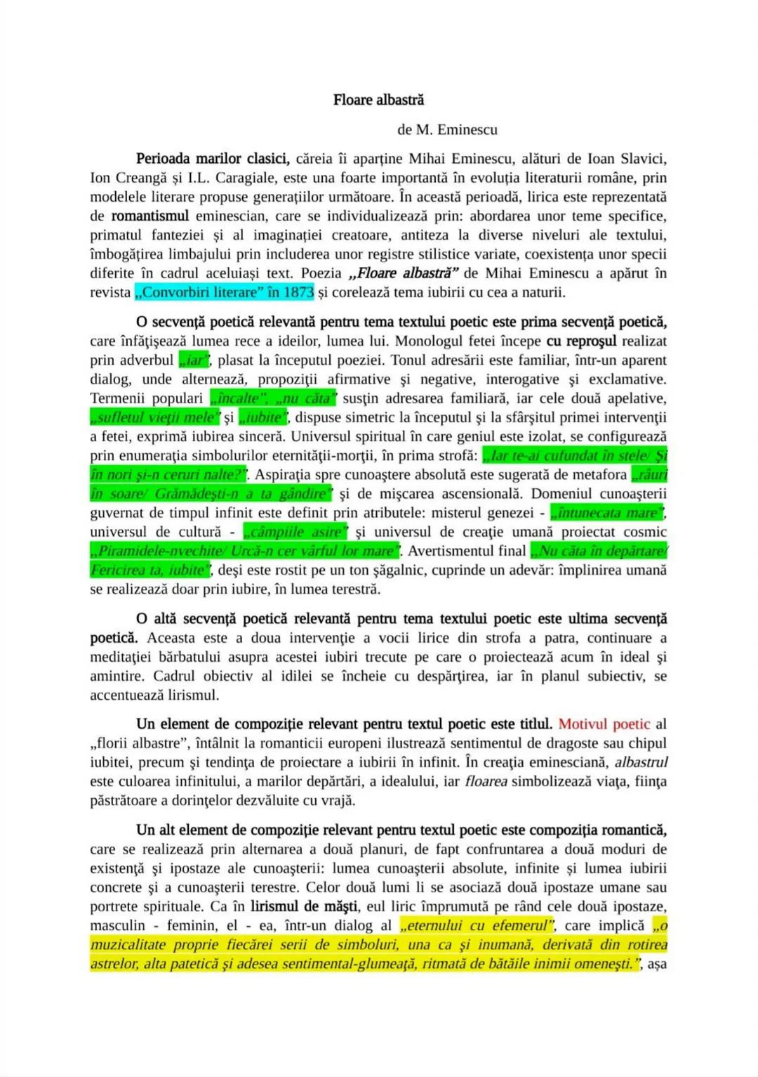 # Floare albastră
de M. Eminescu
Perioada marilor clasici, căreia îi aparține Mihai Eminescu, alături de Ioan Slavici,
Ion Creangă şi I.L.