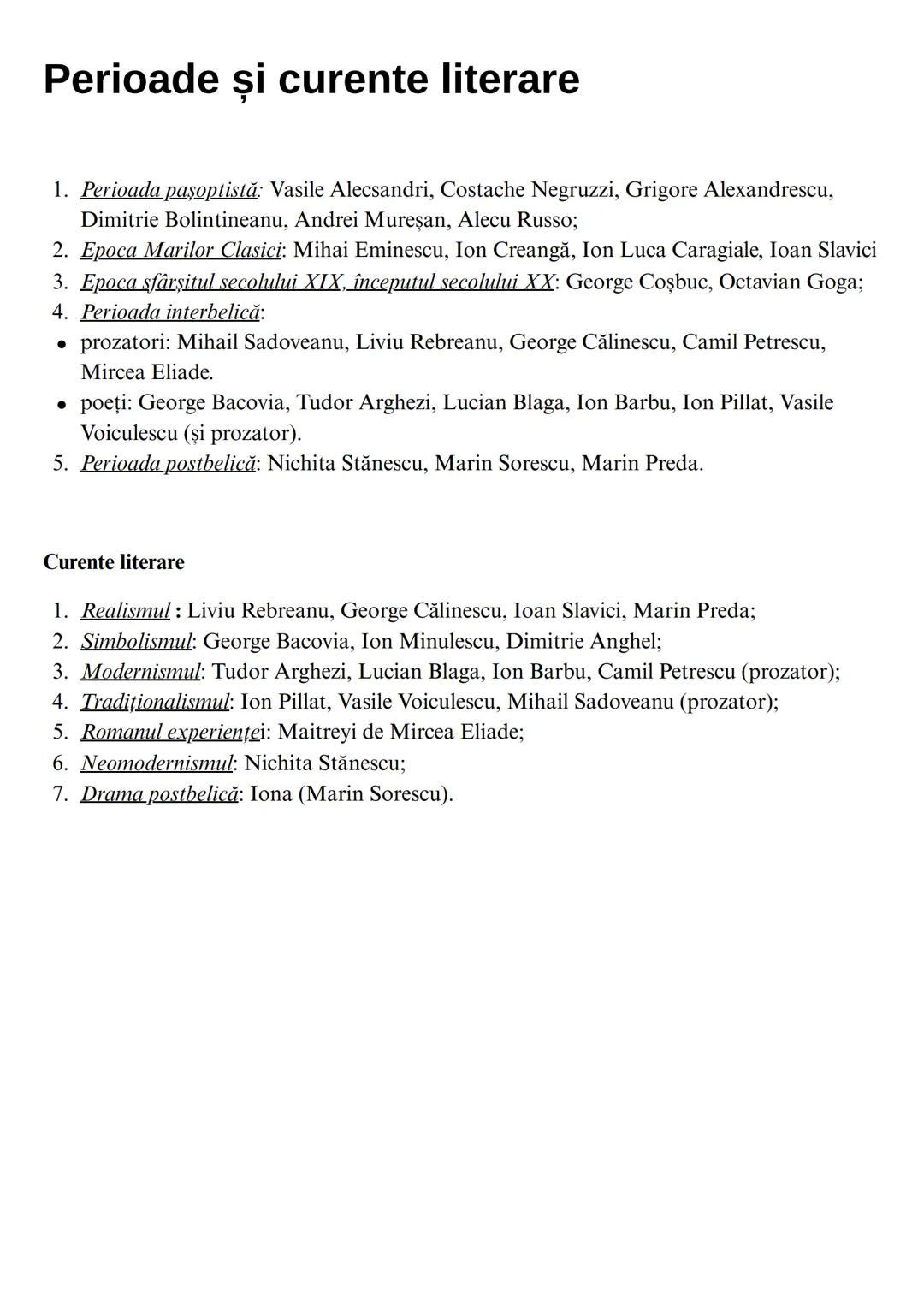 --- OCR Start ---
Perioade și curente literare
1. Perioada pasoptistă: Vasile Alecsandri, Costache Negruzzi, Grigore Alexandrescu,
Dimitrie
