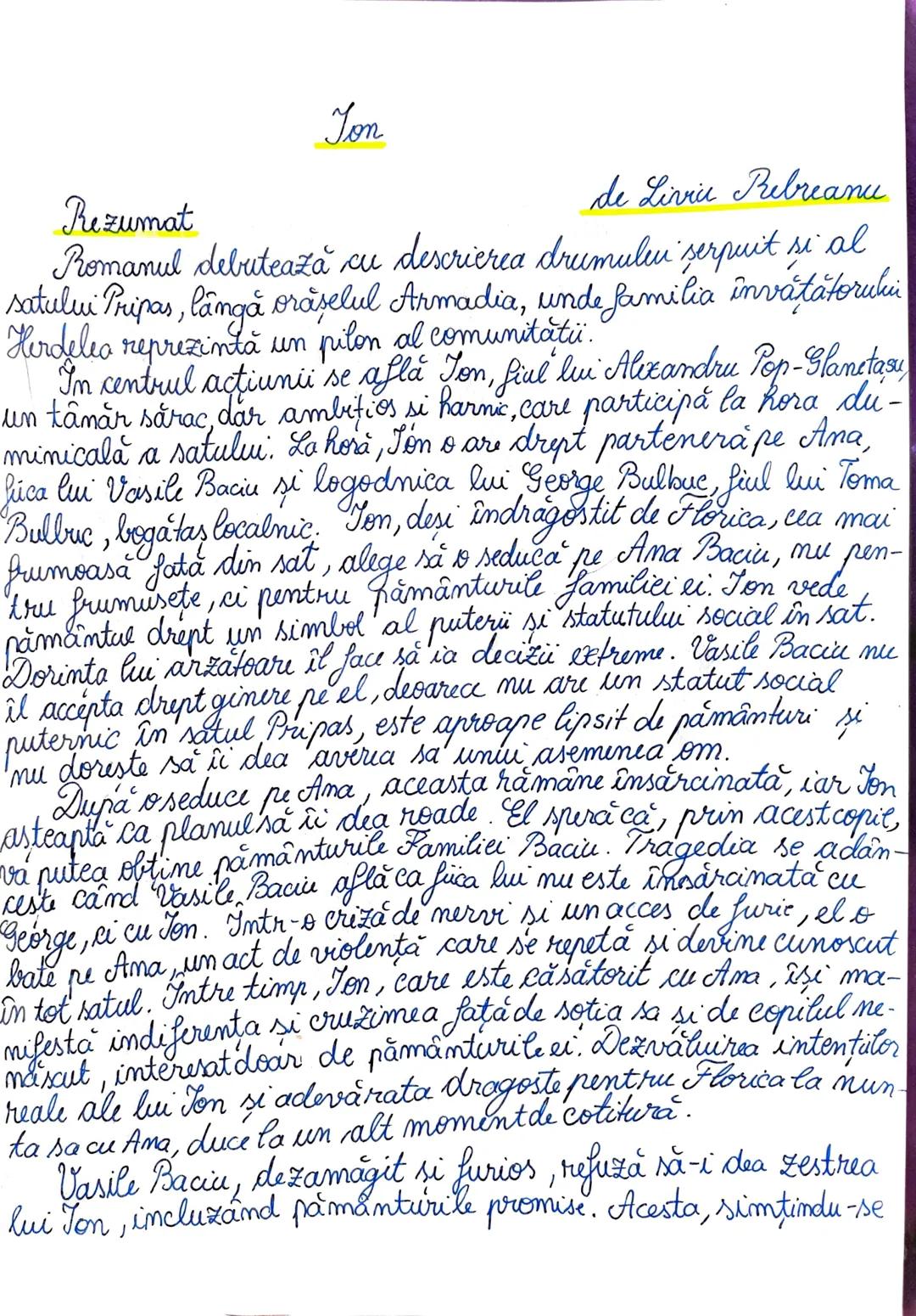 Ton
Rezumat
de Liviu Rebreanu
Romanul debutează cu descrierea drumului serpuit si al
satului Pripas, lângă orăselul Armadia, unde familia