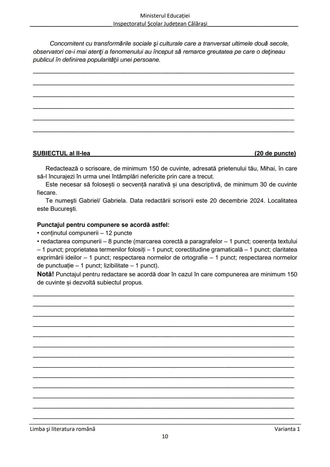 Ministerul Educaţiei
Inspectoratul Şcolar Judeţean Călăraşi
Prezenta lucrare conţine __________ pagini
SIMULARE
EVALUAREA NAŢIONALĂ PENTRU
