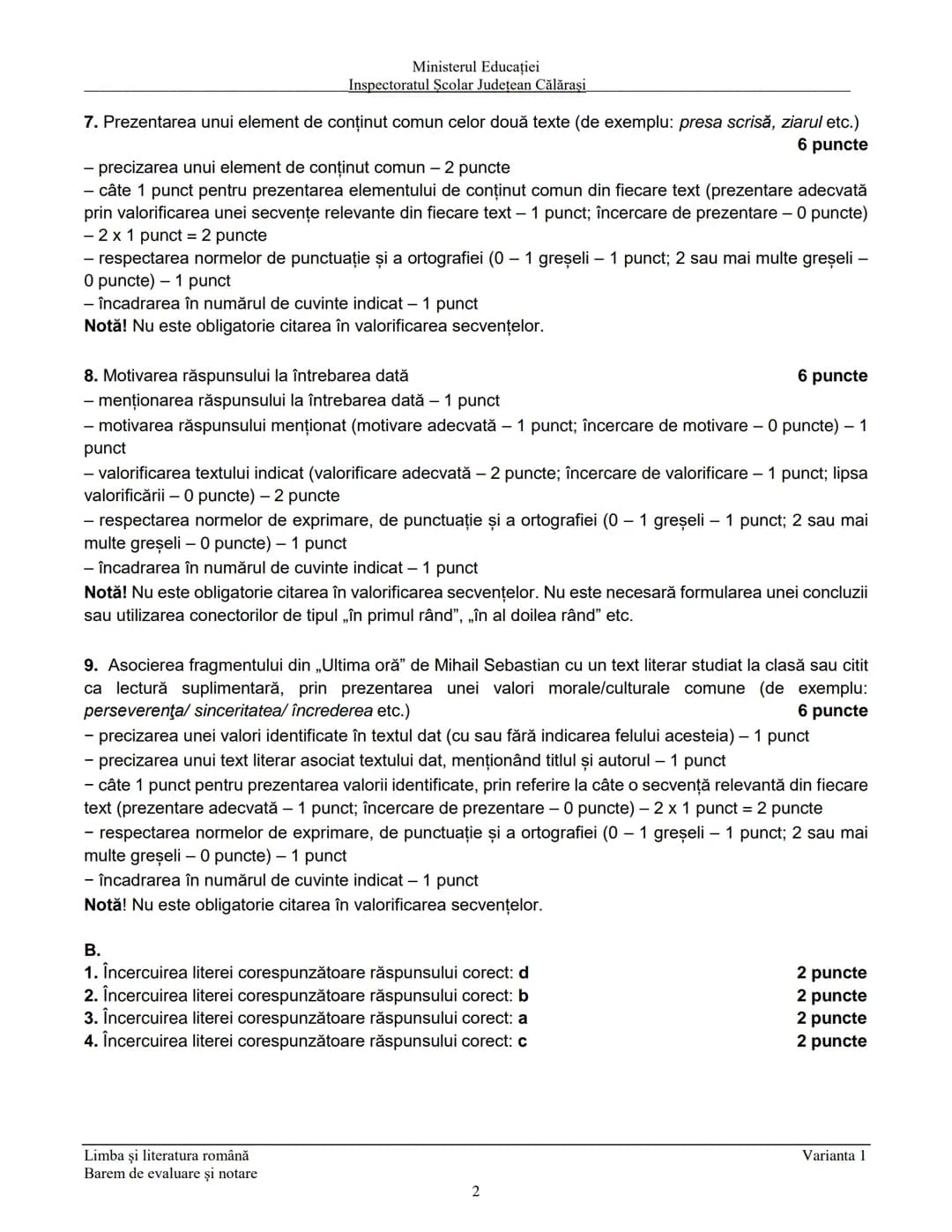 Ministerul Educaţiei
Inspectoratul Şcolar Judeţean Călăraşi
Prezenta lucrare conţine __________ pagini
SIMULARE
EVALUAREA NAŢIONALĂ PENTRU