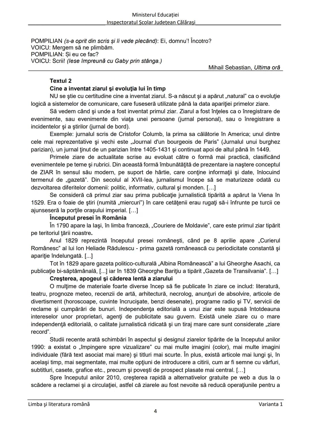 Ministerul Educaţiei
Inspectoratul Şcolar Judeţean Călăraşi
Prezenta lucrare conţine __________ pagini
SIMULARE
EVALUAREA NAŢIONALĂ PENTRU