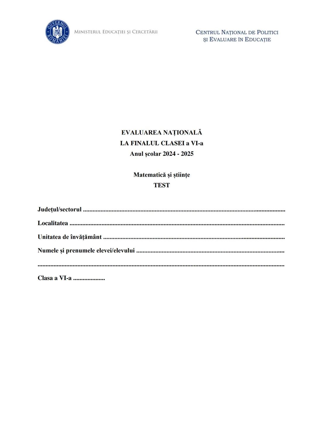 ERNUL
GUVE
MINISTERUL EDUCAŢIEI ŞI CERCETĂRII
ROMANIE
CENTRUL NAŢIONAL DE POLITICI
ŞI EVALUARE ÎN EDUCAȚIE
EVALUAREA NAȚIONALĂ
LA FINALUL C