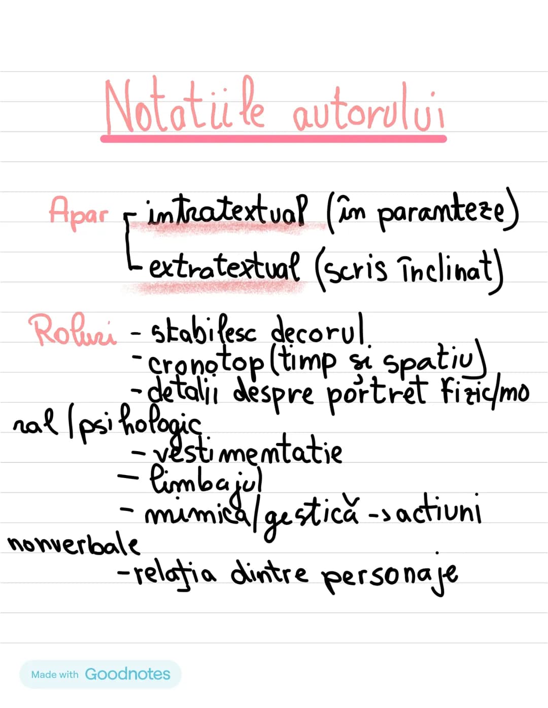 Made with Goodnotes # Notatiile autorului
Apar intratextual (în paranteze)
Lextratextual (scris înclinat)
Rolusi - stabilesc decorul.
- c