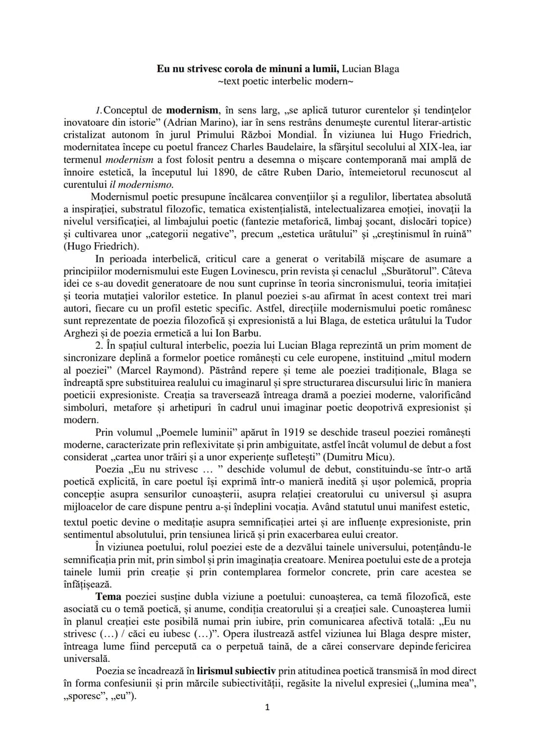 # Eu nu strivesc corola de minuni a lumii, Lucian Blaga
~text poetic interbelic modern~
1. Conceptul de modernism, în sens larg, „se aplic