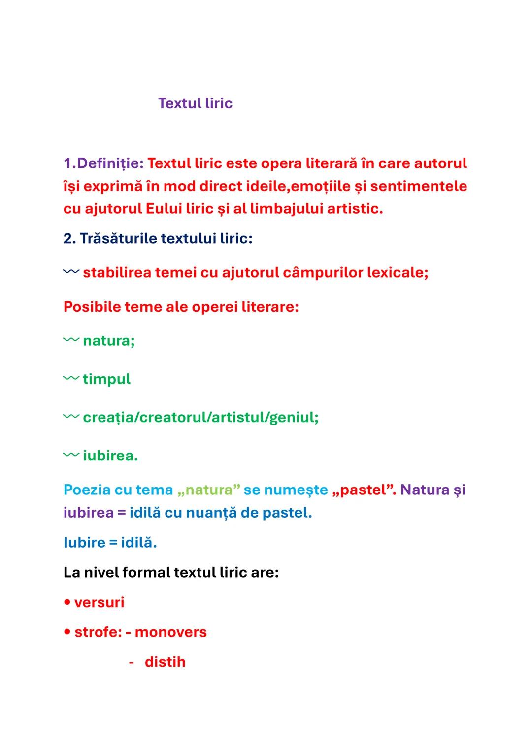 # Textul liric
1.Definiție: Textul liric este opera literară în care autorul
îşi exprimă în mod direct ideile, emoțiile și sentimentele
cu