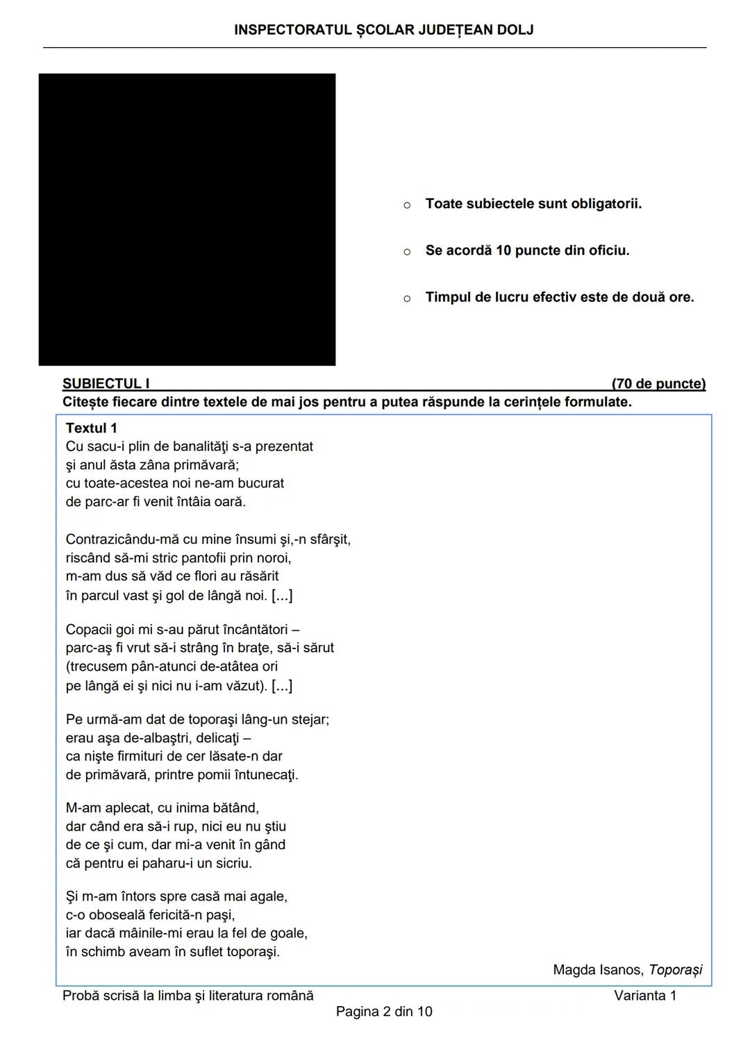 INSPECTORATUL ŞCOLAR JUDEȚEAN DOLJ
Prezenta lucrare conține __________ pagini
Numele: ....................................................