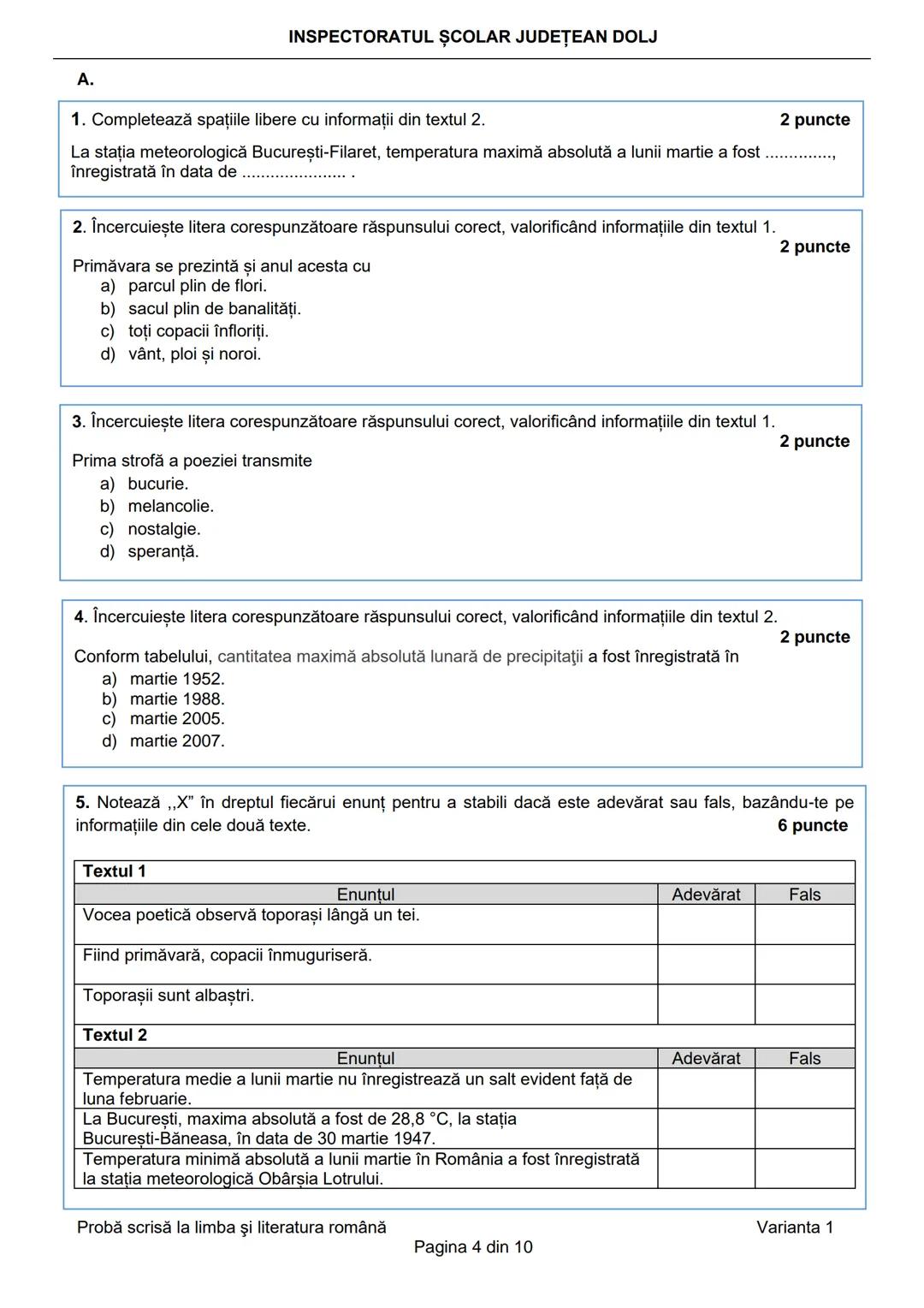 INSPECTORATUL ŞCOLAR JUDEȚEAN DOLJ
Prezenta lucrare conține __________ pagini
Numele: ....................................................