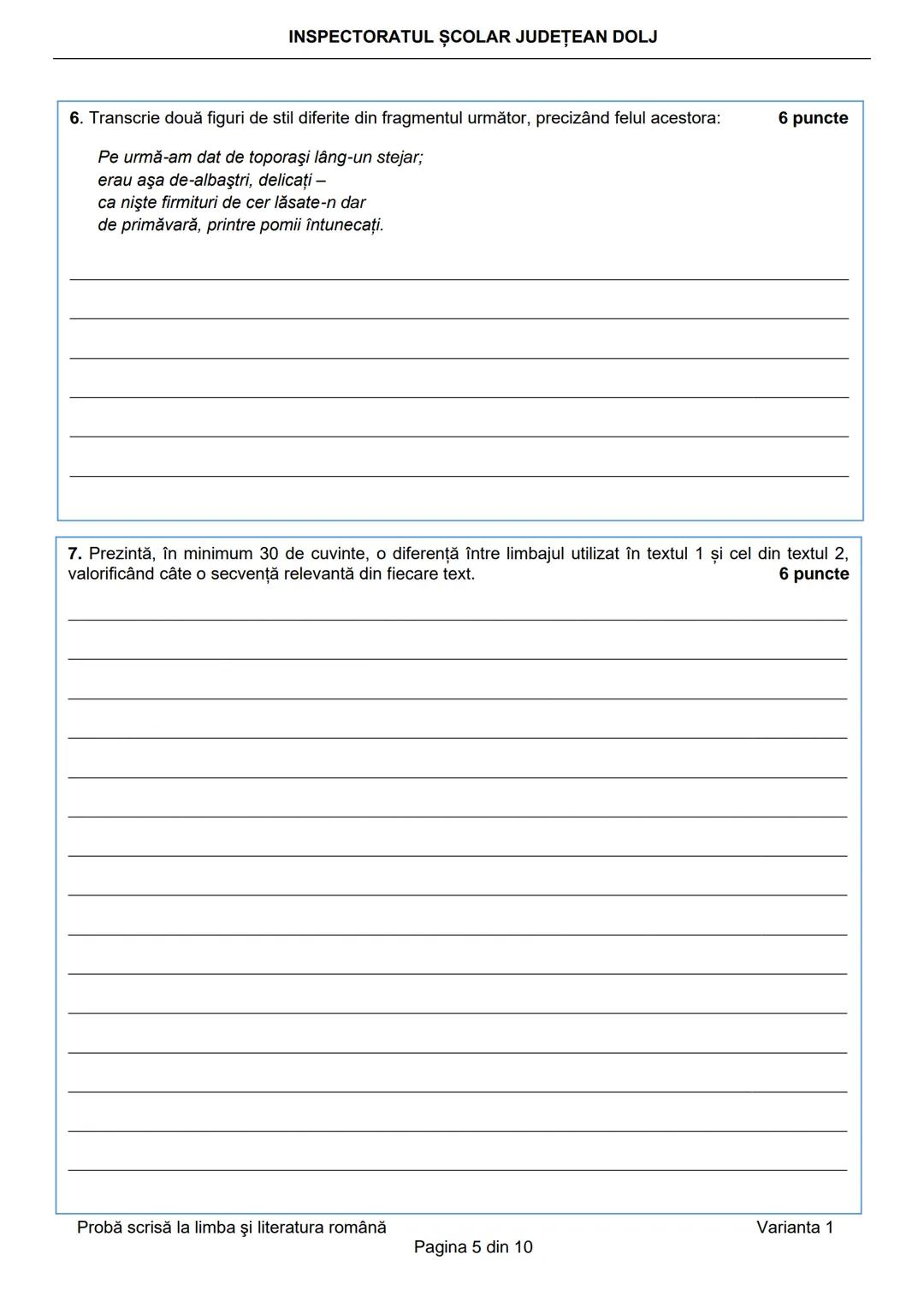 INSPECTORATUL ŞCOLAR JUDEȚEAN DOLJ
Prezenta lucrare conține __________ pagini
Numele: ....................................................