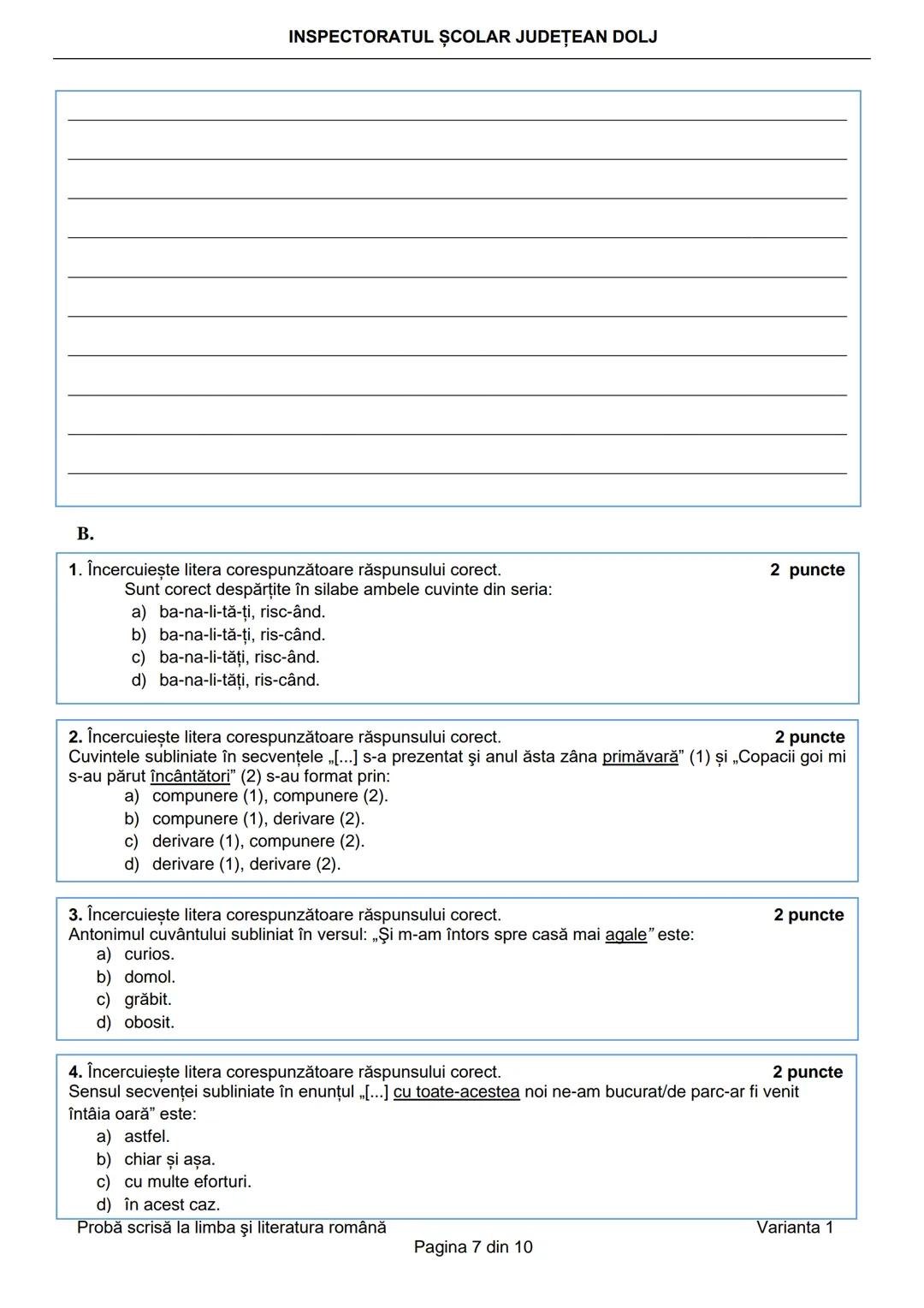 INSPECTORATUL ŞCOLAR JUDEȚEAN DOLJ
Prezenta lucrare conține __________ pagini
Numele: ....................................................